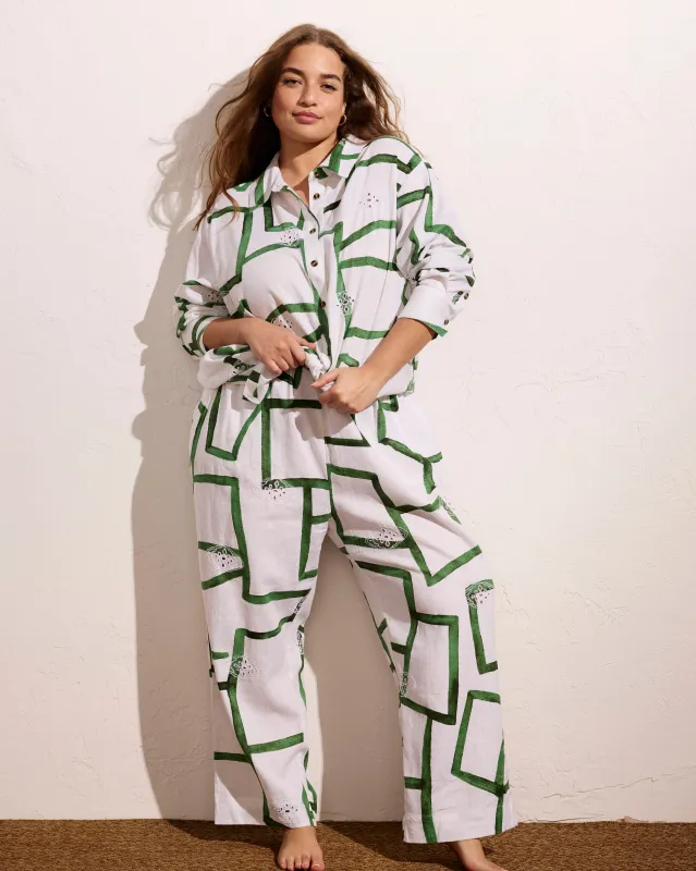 Iris Linen Easy Pull-On Pants - Green Paint Print made by Universal Standard