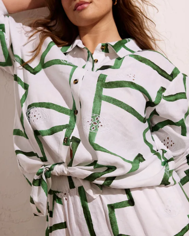 Dawn Linen Hi Low Tunic - Green Paint Print made by Universal Standard