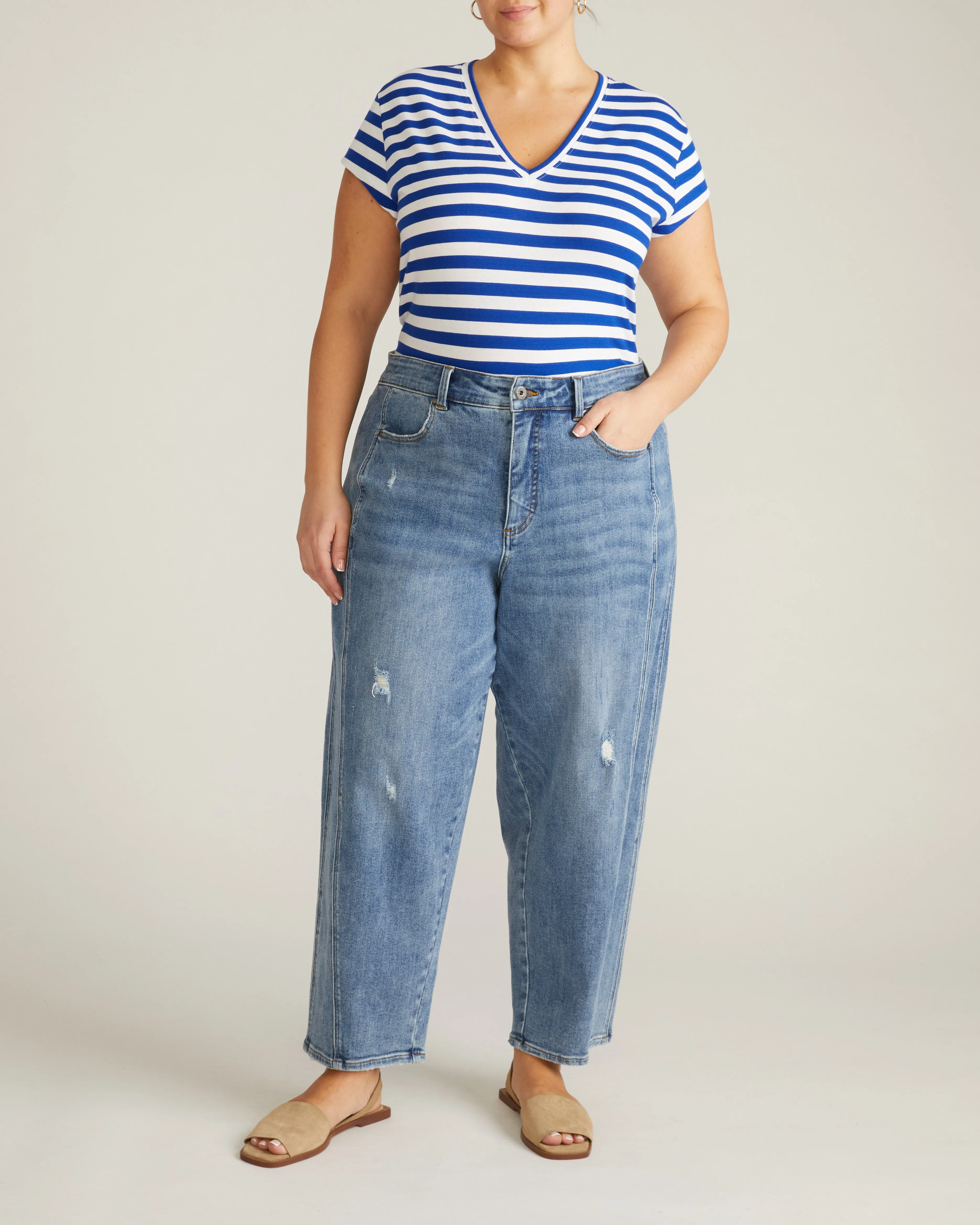Ashley V Neck Cap Sleeve Tee - Hammersmith Blue Stripe sold by Universal Standard product image thumbnail 4