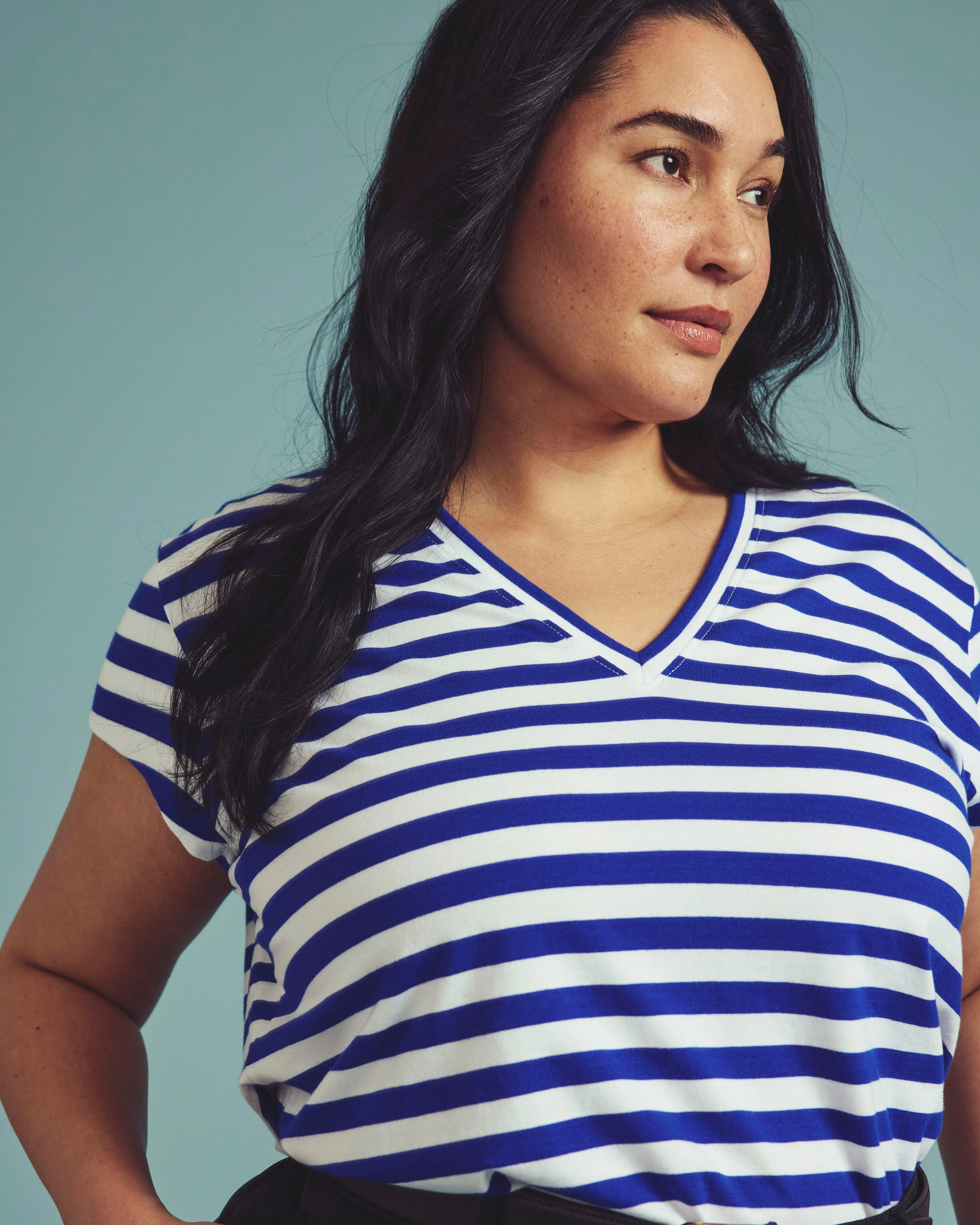 Ashley V Neck Cap Sleeve Tee - Hammersmith Blue Stripe sold by Universal Standard