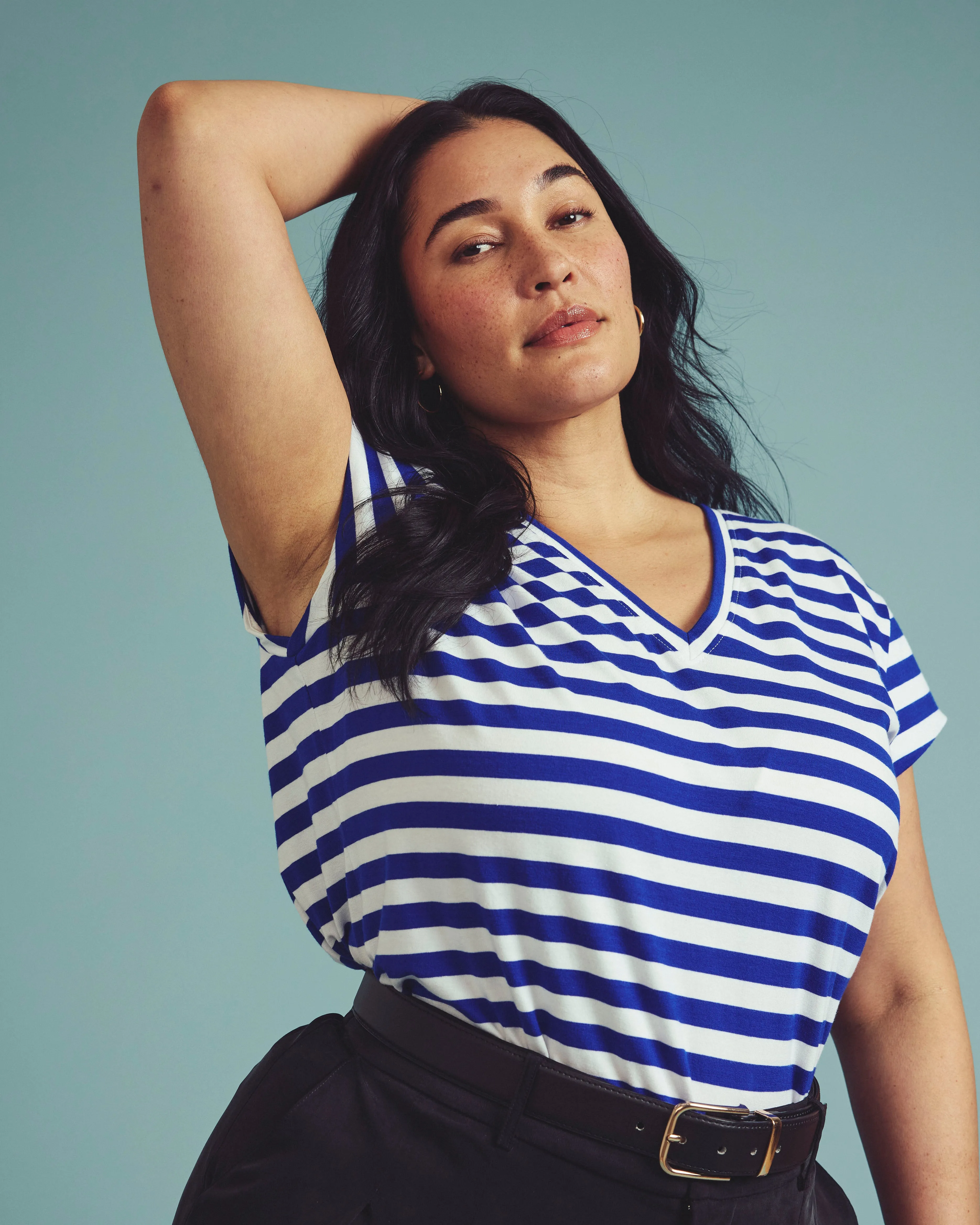 Ashley V Neck Cap Sleeve Tee - Hammersmith Blue Stripe sold by Universal Standard product image thumbnail 3