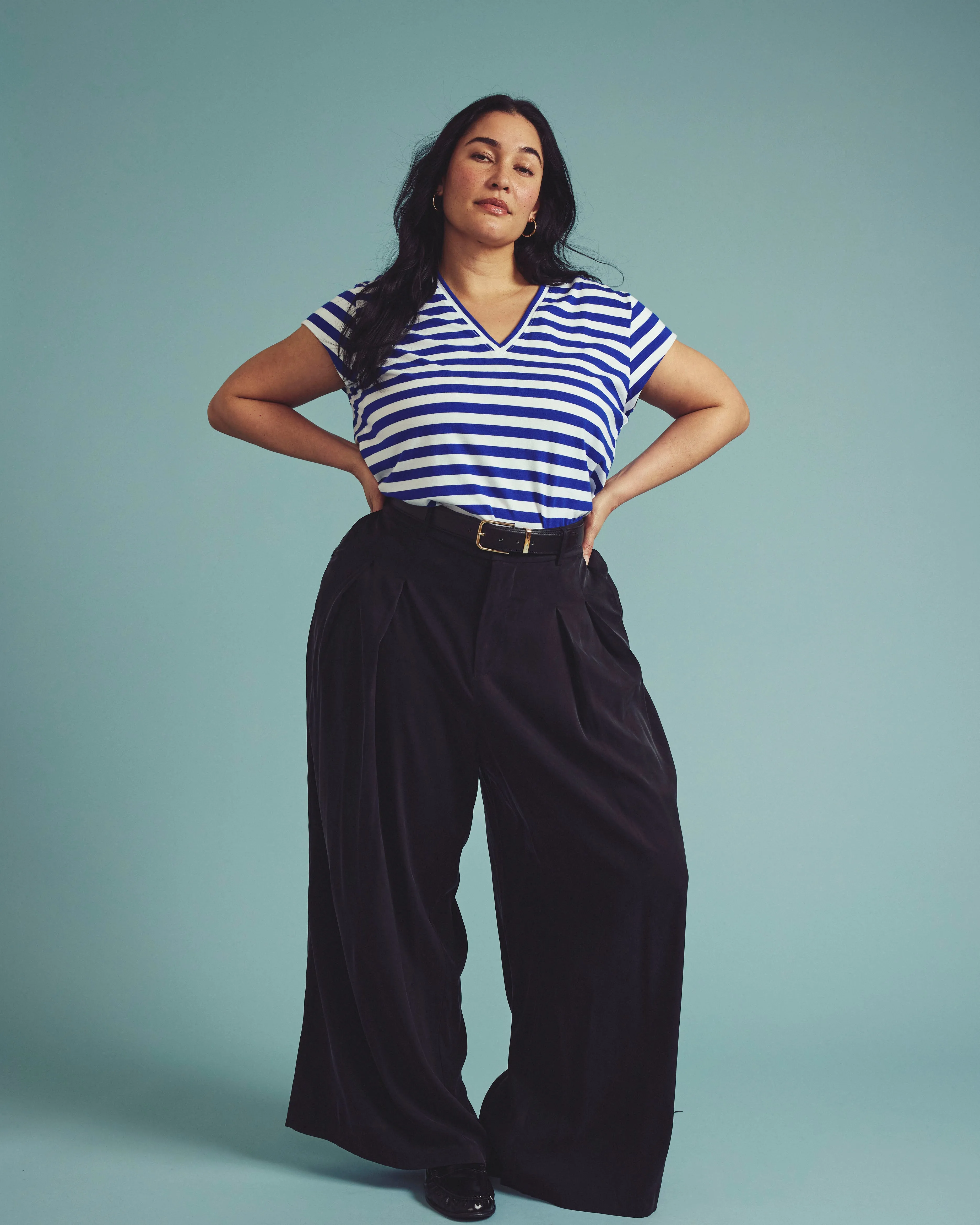 Ashley V Neck Cap Sleeve Tee - Hammersmith Blue Stripe sold by Universal Standard product image thumbnail 2