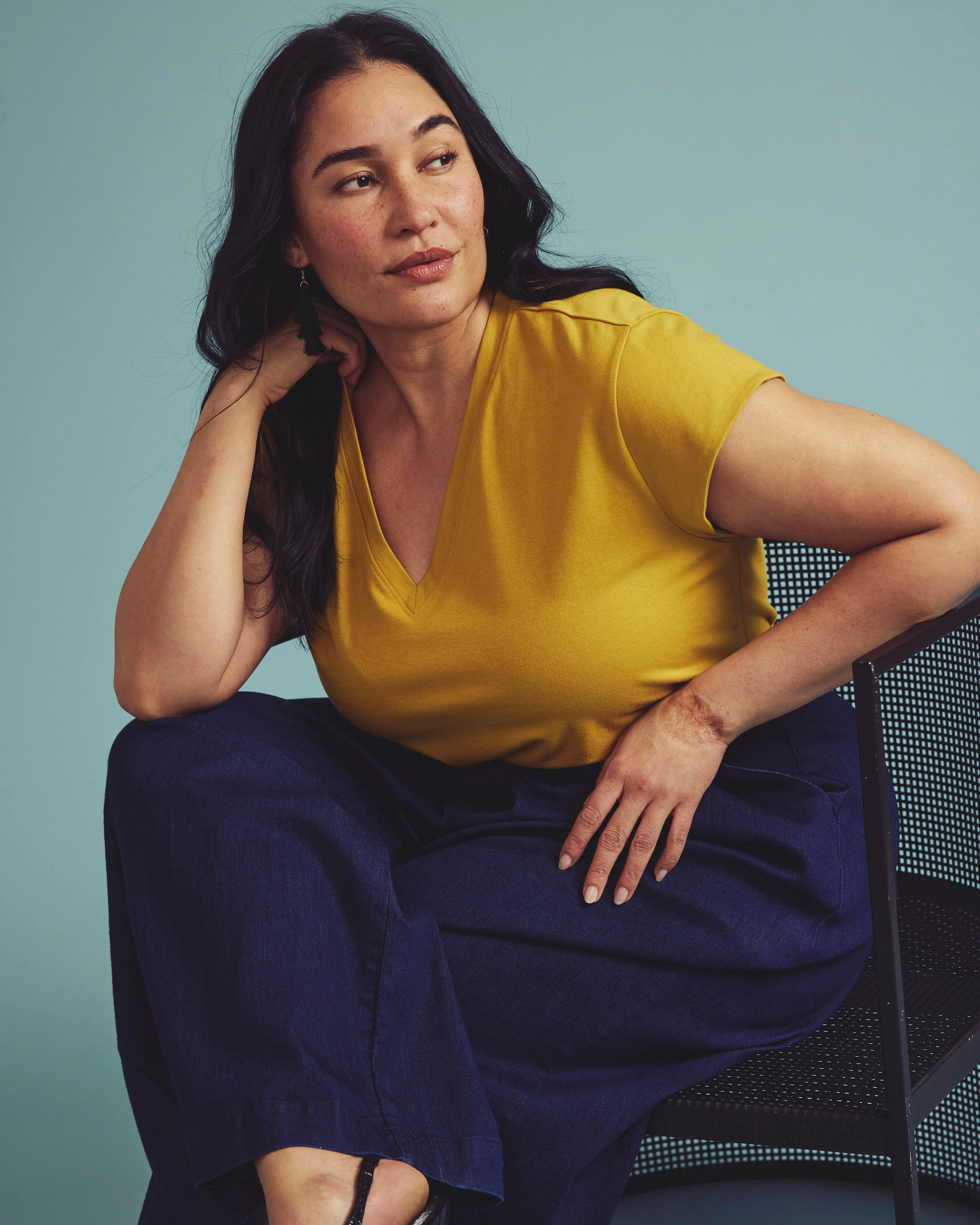 Ashley V Neck Cap Sleeve Tee - Yellow Ochre sold by Universal Standard product image thumbnail 2