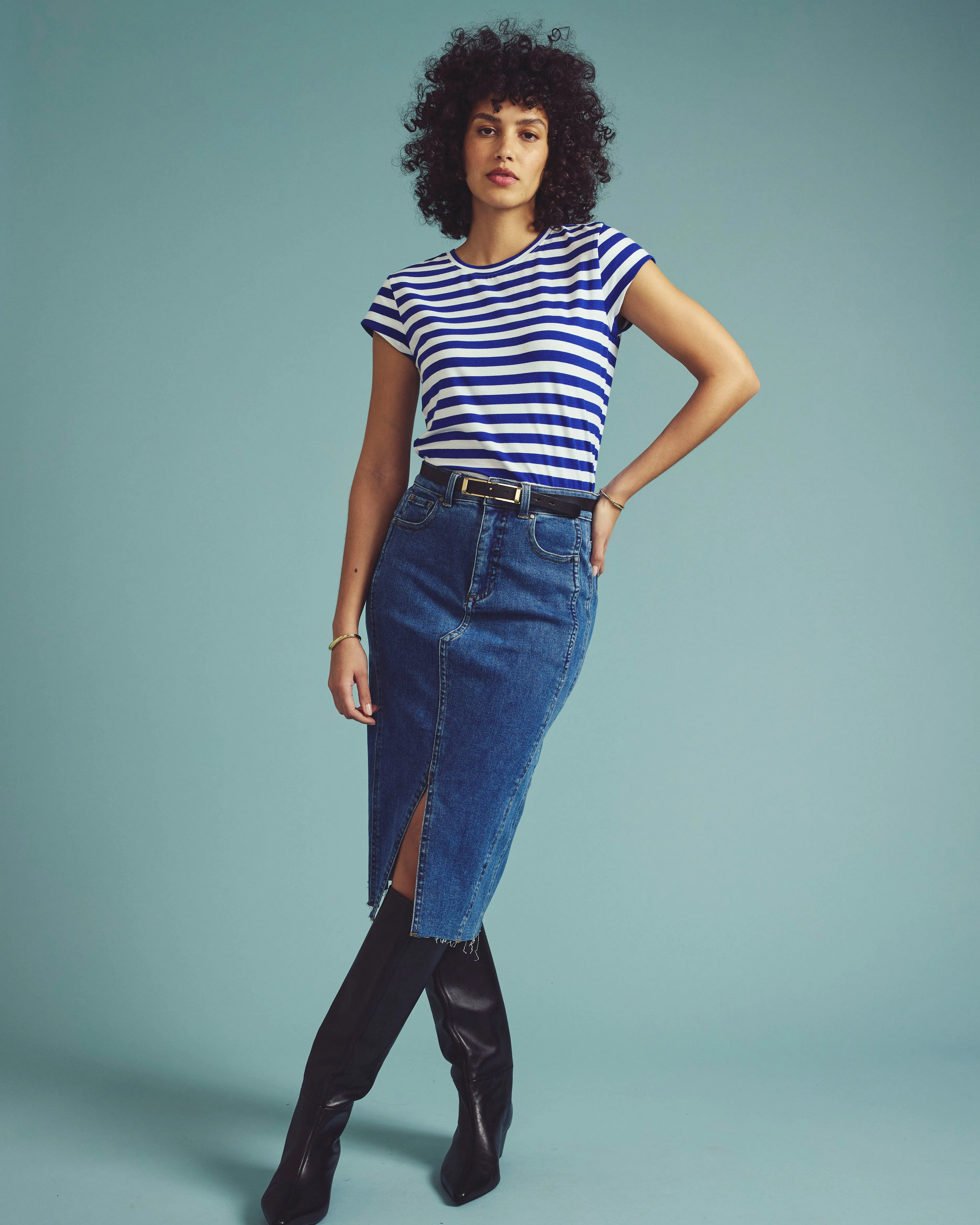 Ashley Cap Sleeve Tee - Hammersmith Blue Stripe sold by Universal Standard