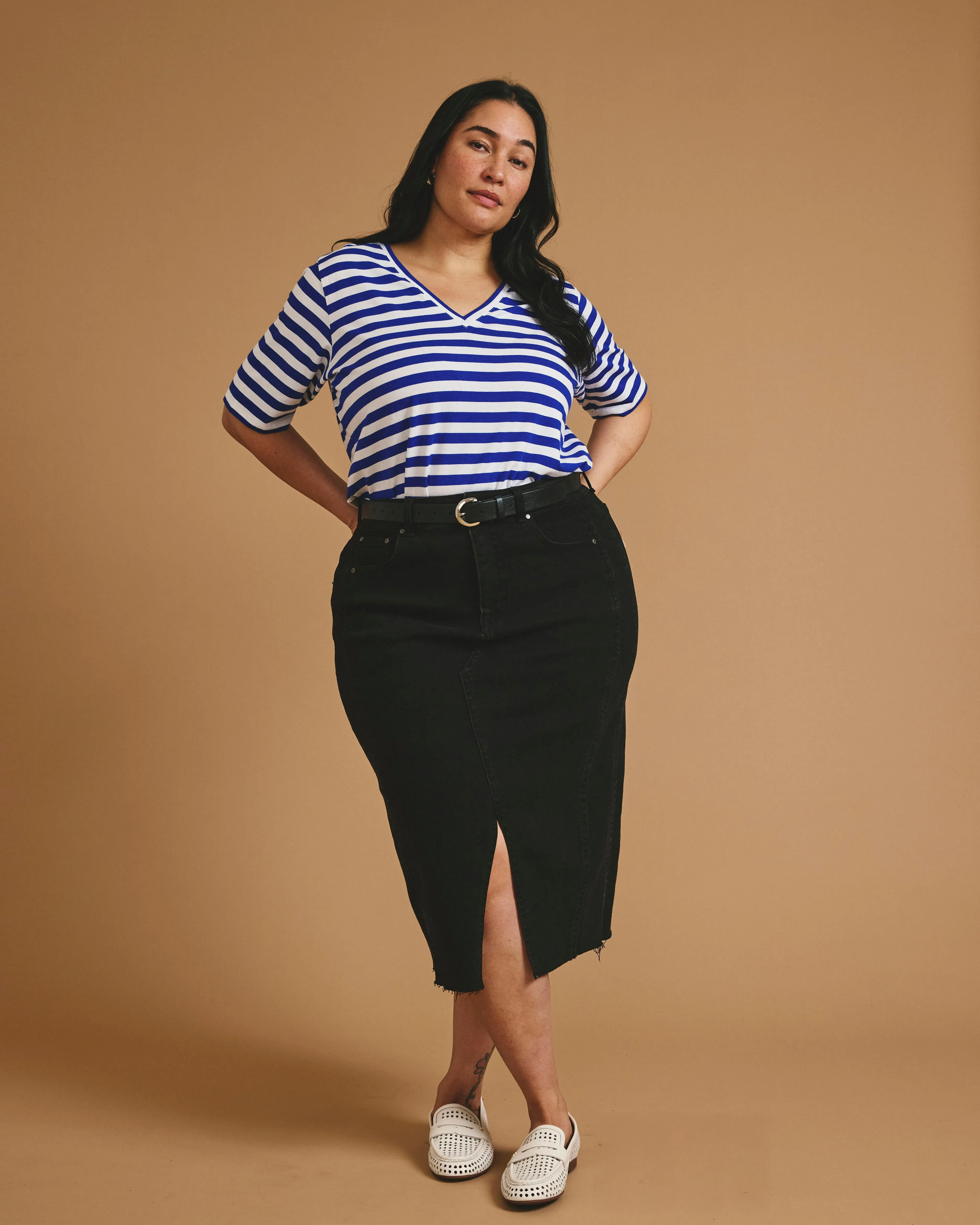 Maia Stovepipe Sleeve V Neck Tee - Hammersmith Blue Stripe sold by Universal Standard product image thumbnail 2