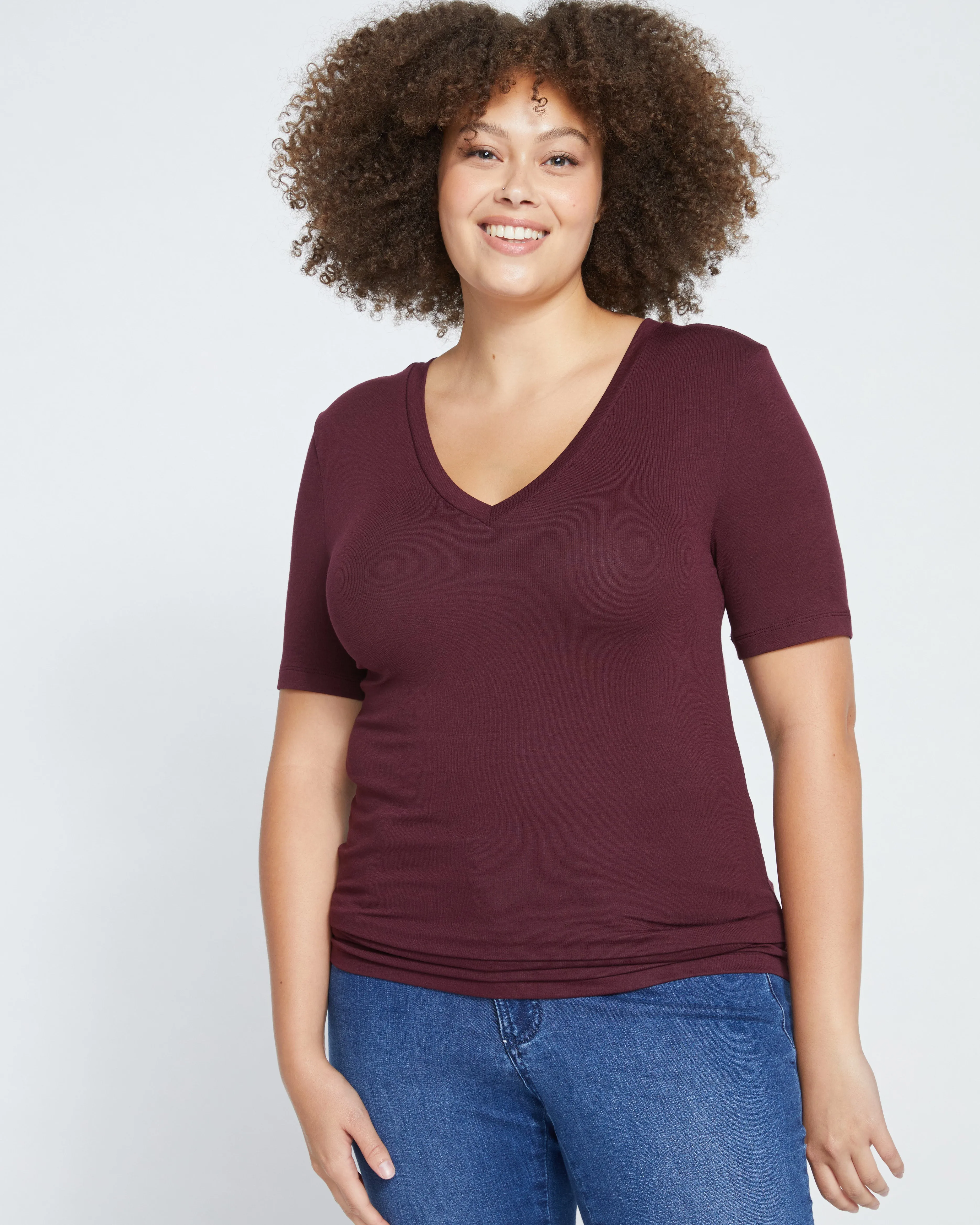Cloud Rib Short Sleeve V-Neck Tee - Black Cherry sold by Universal Standard product image thumbnail 4