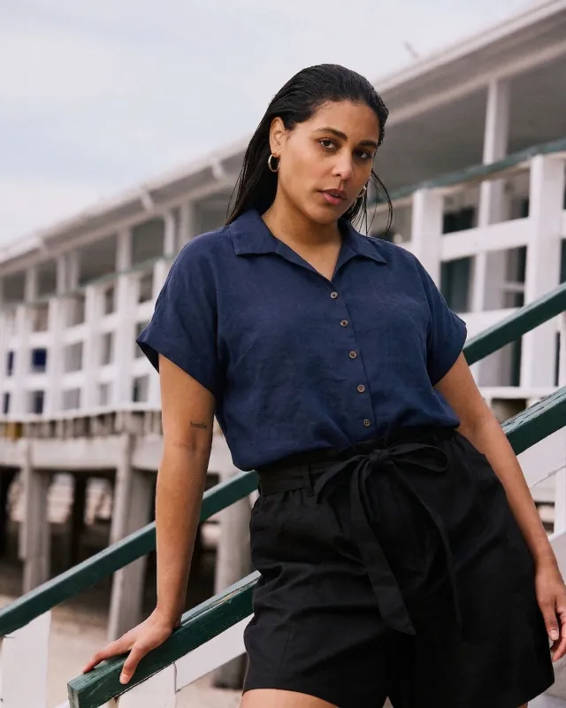 Sandy Short Sleeve Stretch Linen Shirt - Navy made by Universal Standard