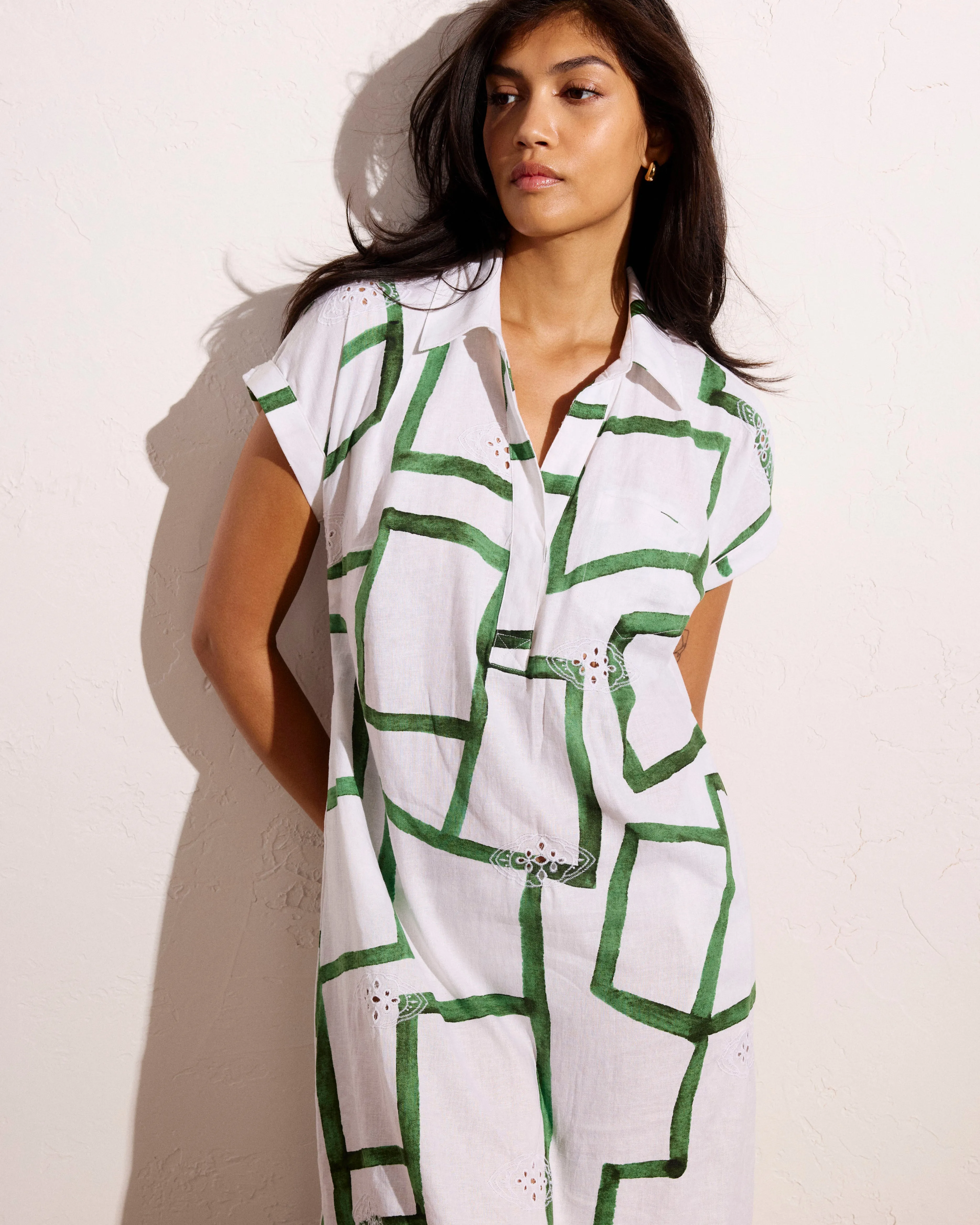 Sunshine Linen Polo Dress - Green Paint Print sold by Universal Standard product image thumbnail 3