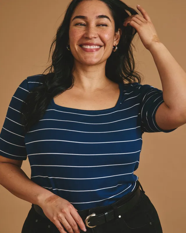 Cloud Rib Short Sleeve Square Neck Tee - Teal/White Microstripe made by Universal Standard