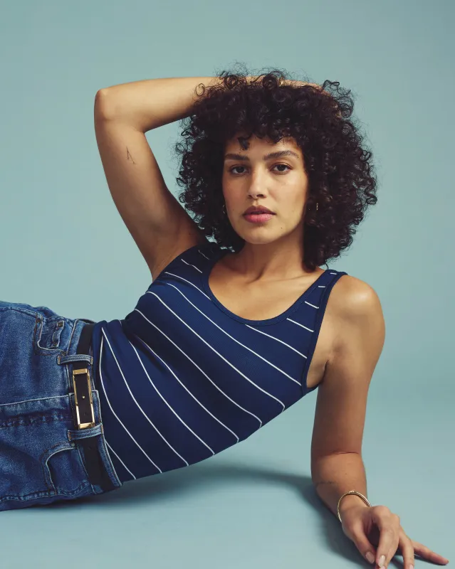 Cloud Rib Tank - Teal/White Microstripe made by Universal Standard