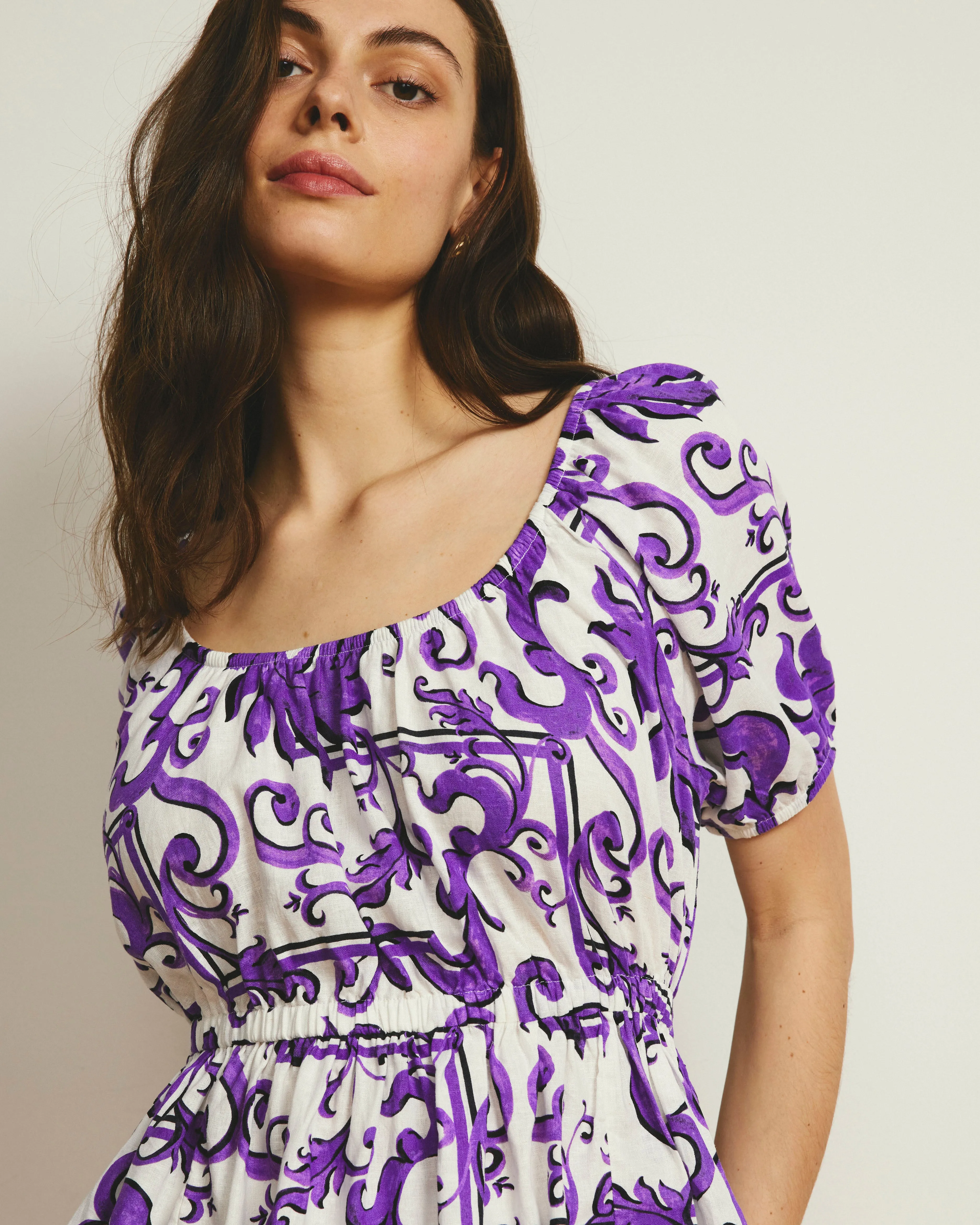Andrea Peplum Linen Top - Purple Majolica Print sold by Universal Standard