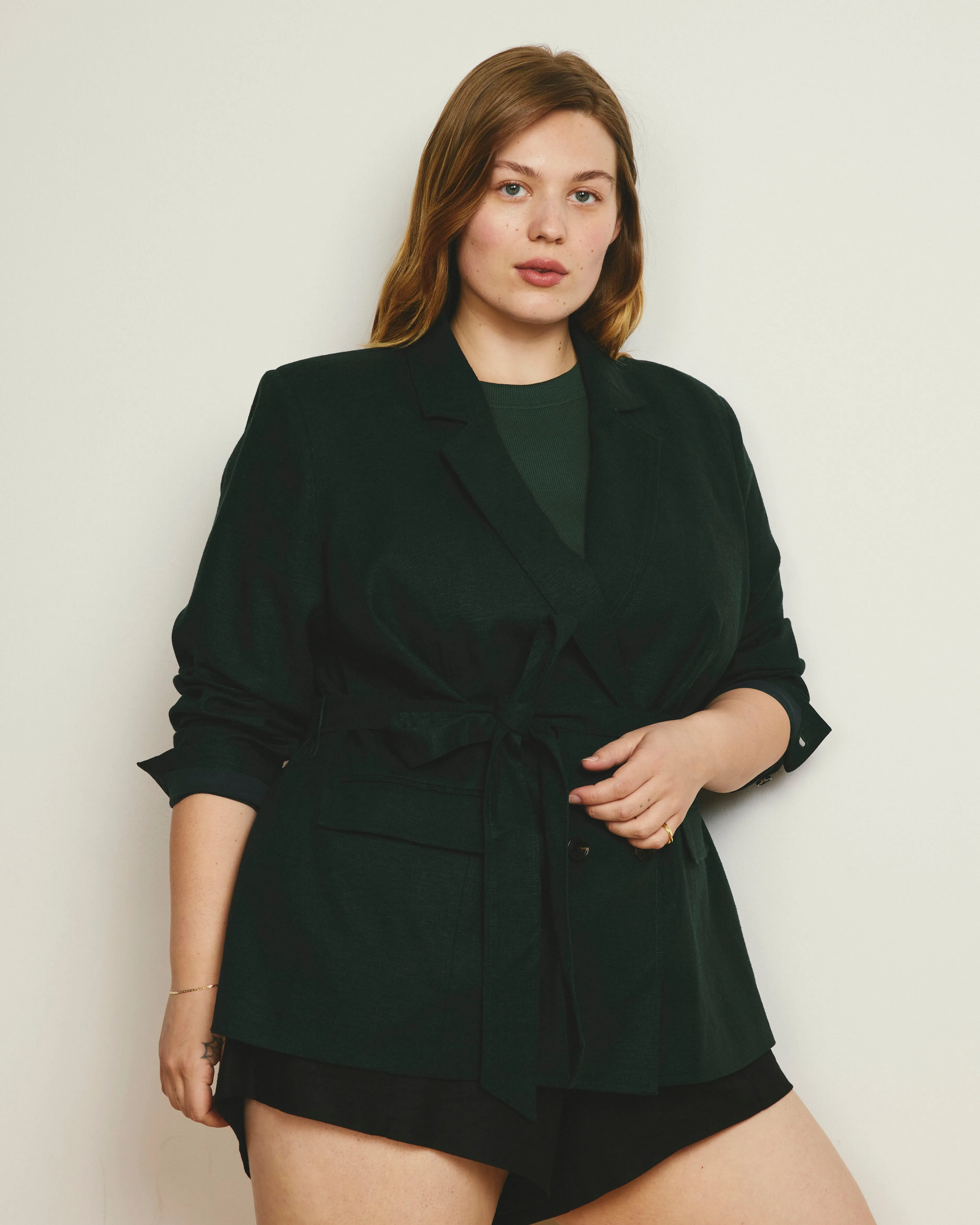 Belted Double Breasted Linen Blend Blazer - Forest Green sold by Universal Standard
