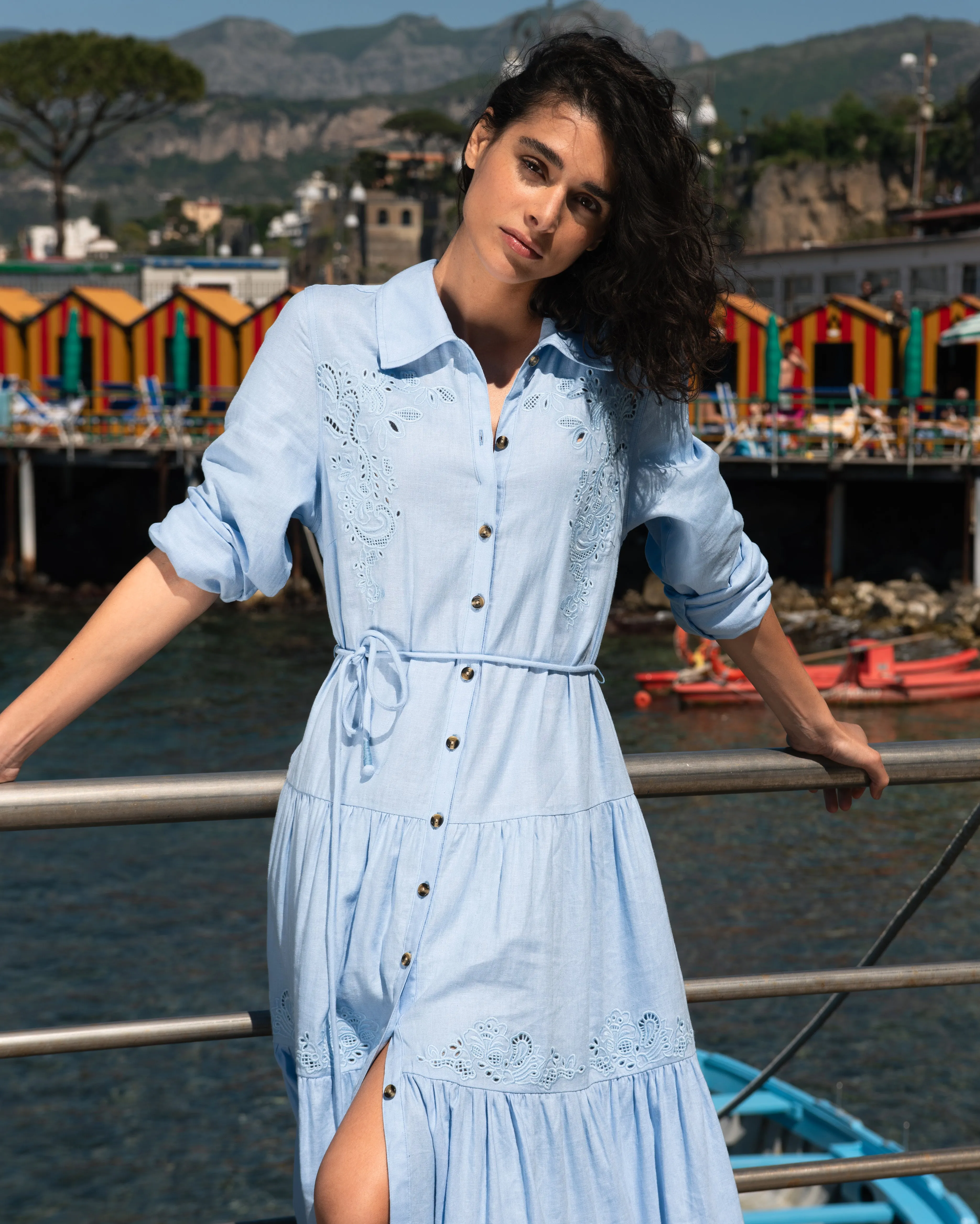 Alix Embroidered Linen Blend Shirtdress - Cielo Blue sold by Universal Standard