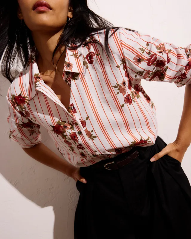 Dawn Linen Blend Hi Low Tunic - Wild Flower Bouquet Print on Stripes made by Universal Standard