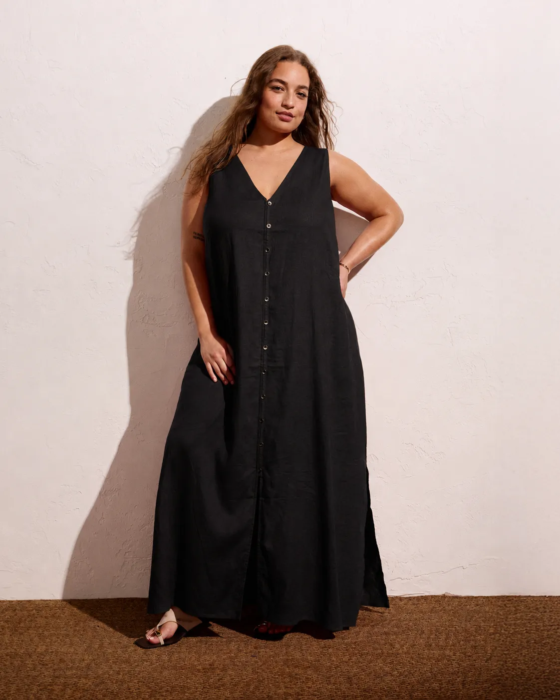 Islet Button-Down Linen Blend Maxi Dress - Black sold by Universal Standard