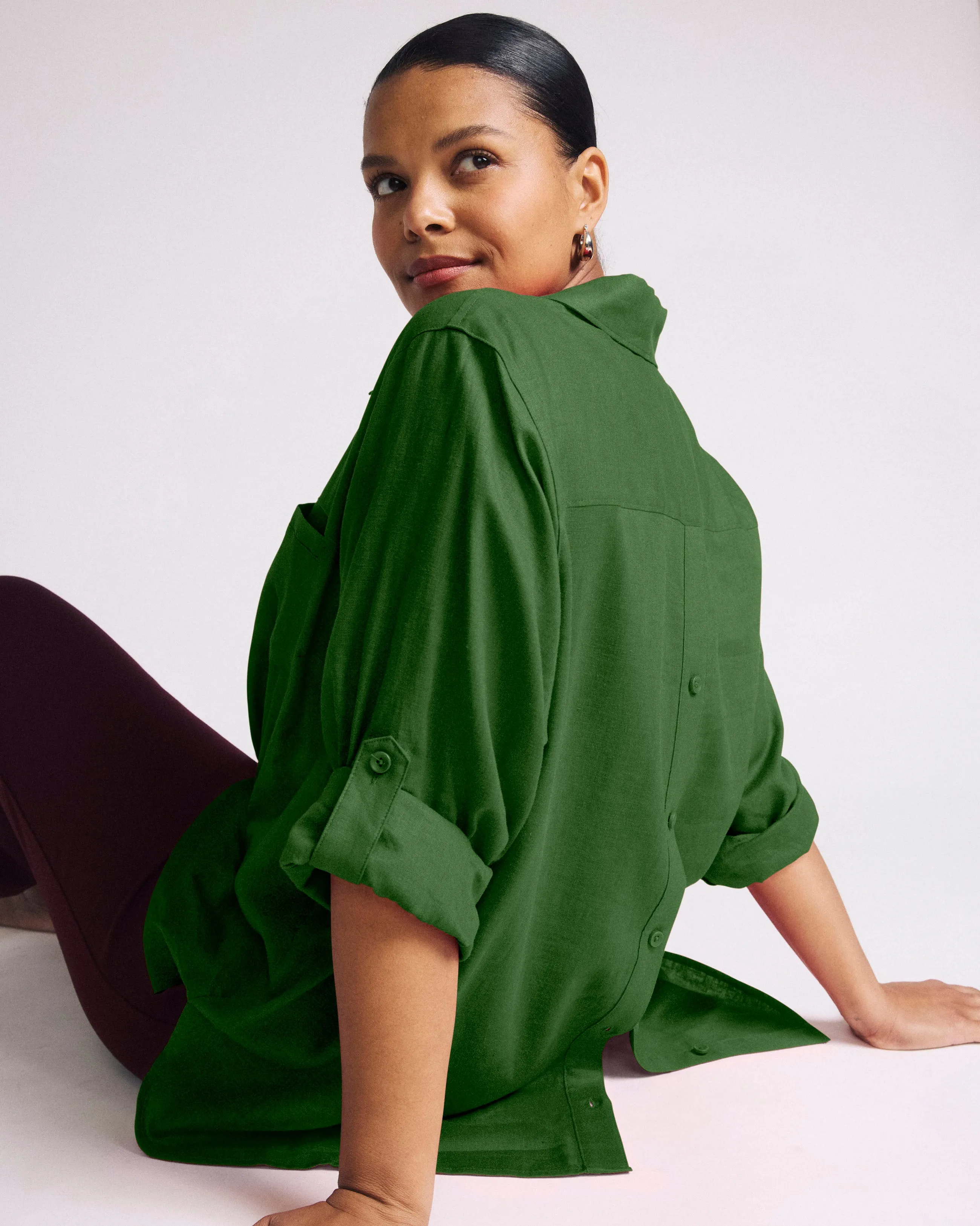 Button Back Linen Blend Polo Shirt - Green Park sold by Universal Standard