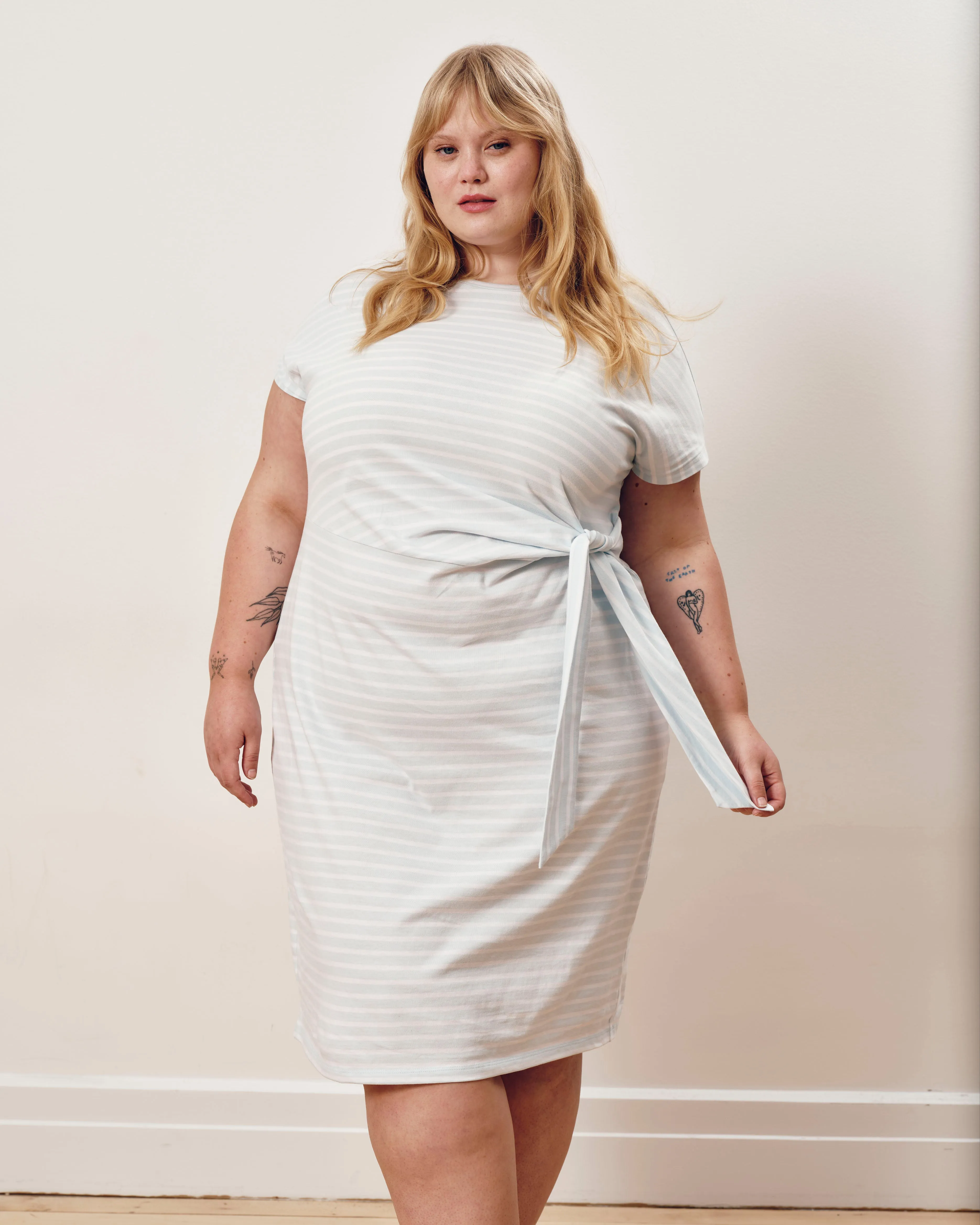 Crescent Breton Stripe Knot Dress - Pale Blue/White Stripe sold by Universal Standard