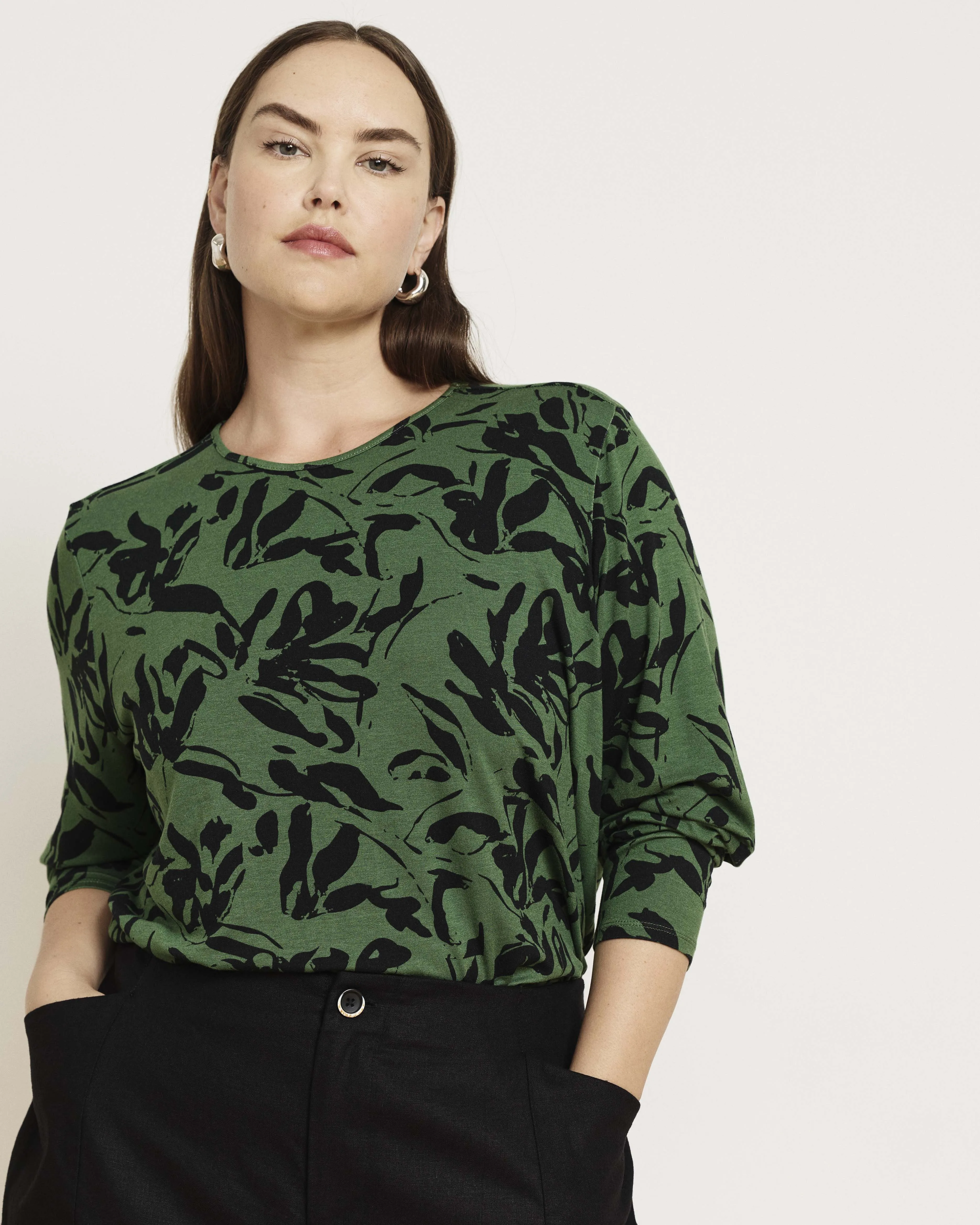 Joan Liquid Jersey Long Sleeve Top - Green Sgraffito Print sold by Universal Standard product image thumbnail 3