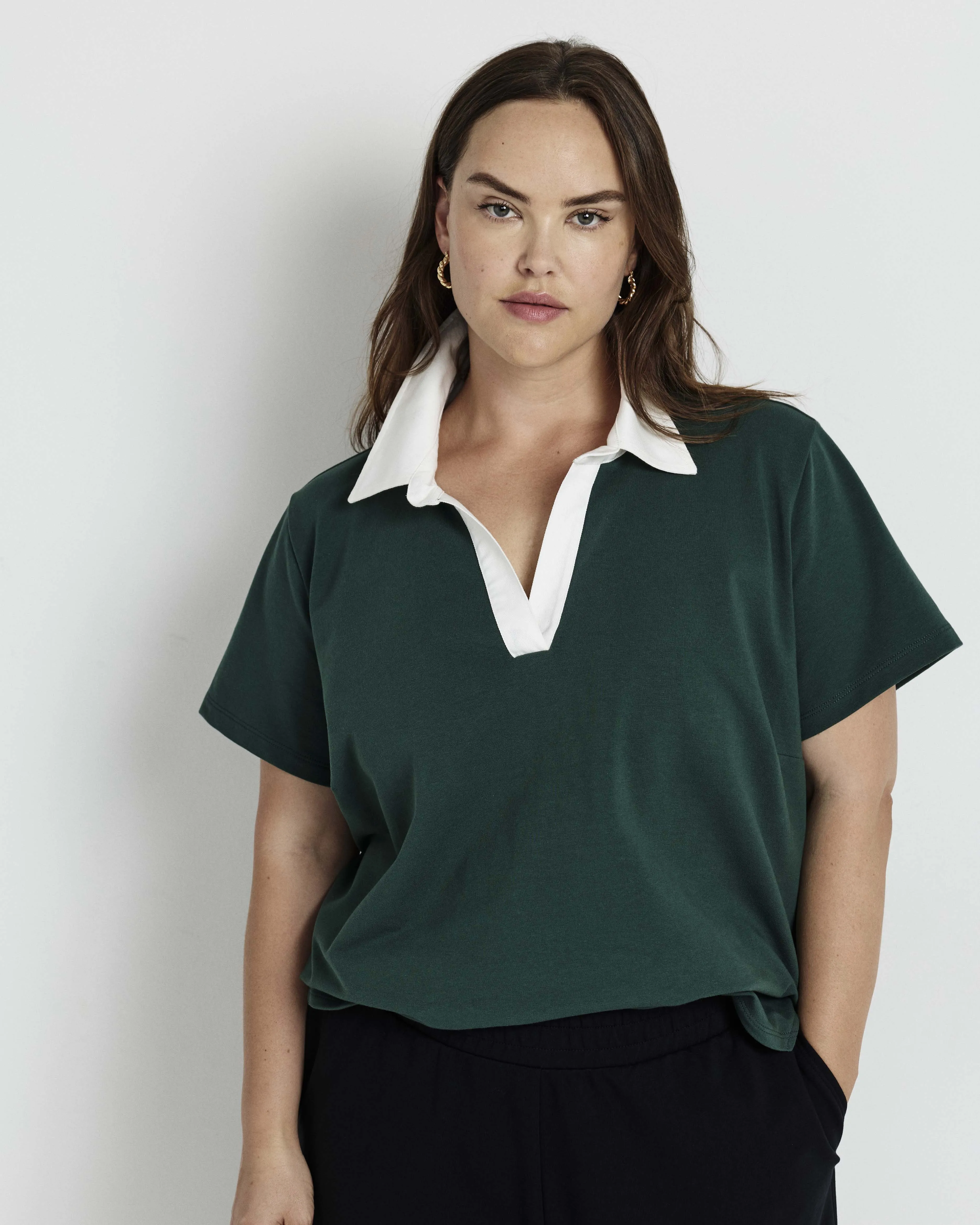 Varsity French Terry Polo Top - Forest Green/White sold by Universal Standard product image thumbnail 3