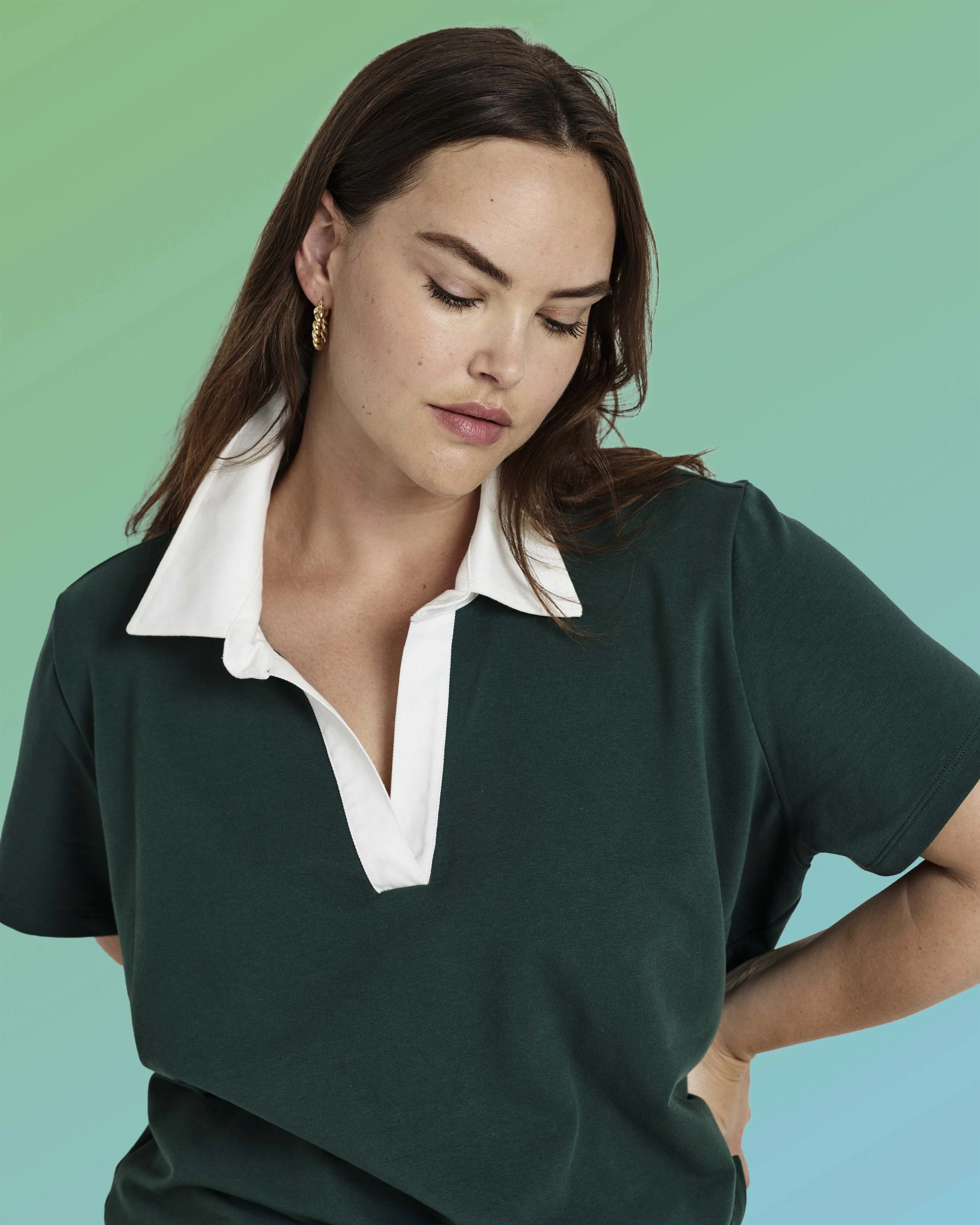 Varsity French Terry Polo Top - Forest Green/White sold by Universal Standard