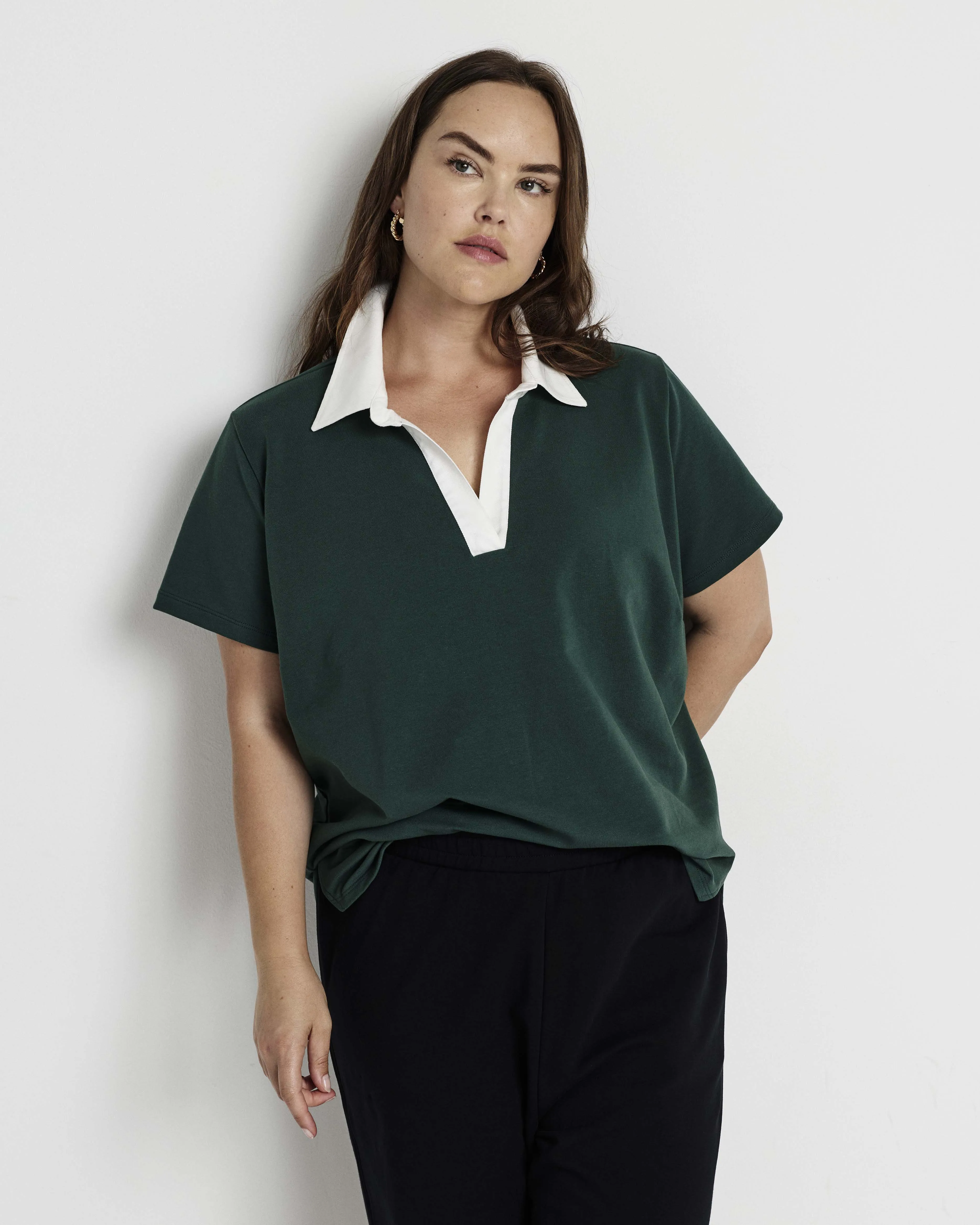 Varsity French Terry Polo Top - Forest Green/White sold by Universal Standard product image thumbnail 4