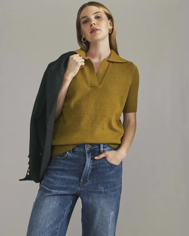 Savvy Fine Knit Short Sleeve Polo Sweater - Martini Olive made by Universal Standard