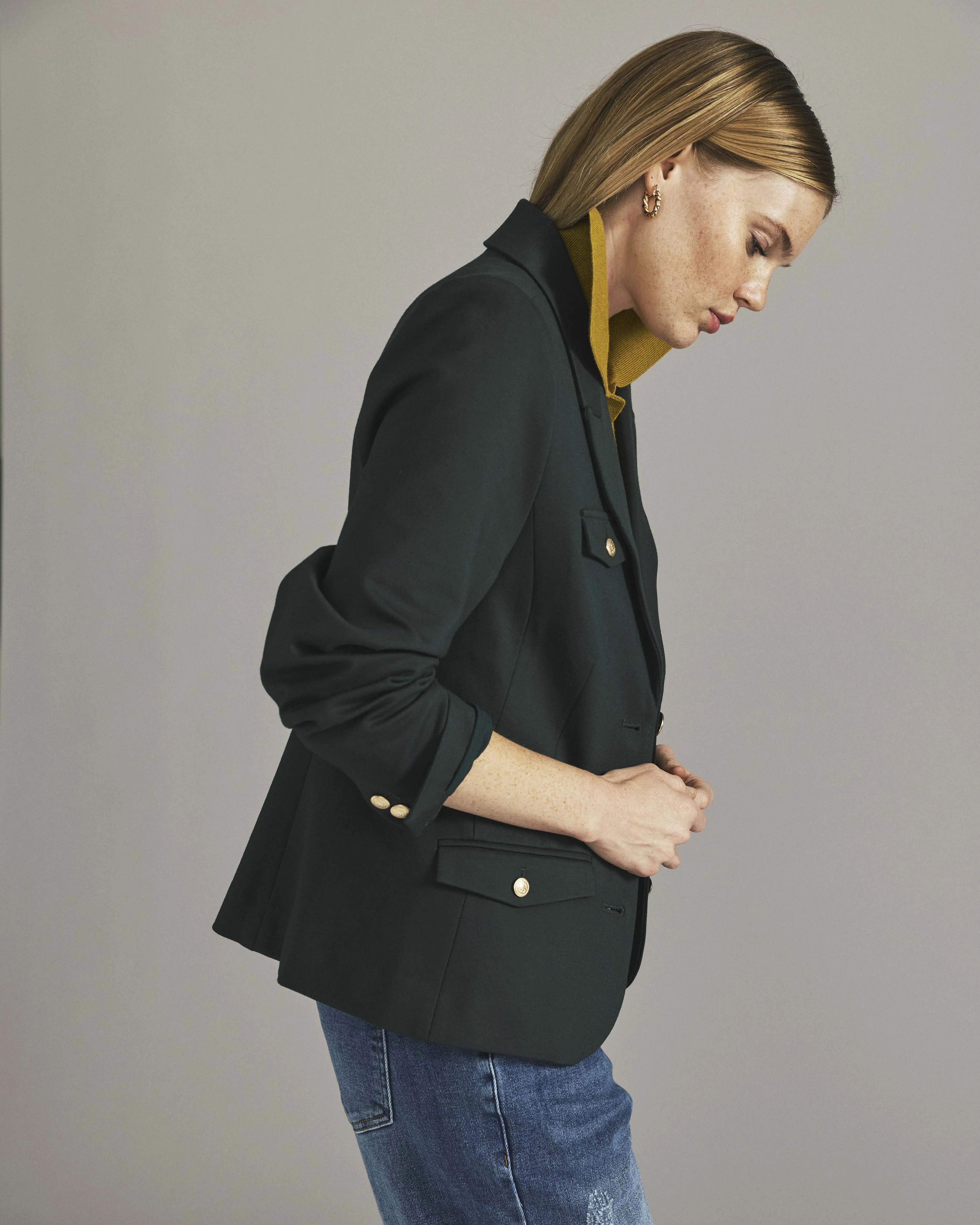 4 Pocket Ponte Blazer - Green Gemstone with Gold Buttons sold by Universal Standard