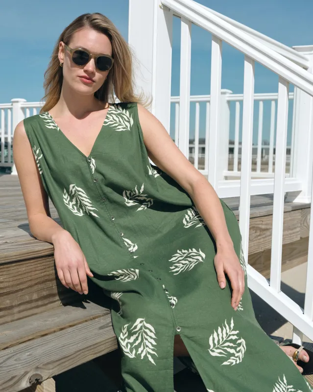 Islet Button-Down Linen Blend Maxi Dress - Beachgrass Print in Green made by Universal Standard