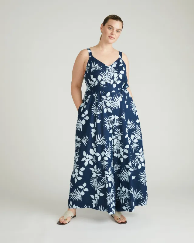 Promenade Linen Blend Jumpsuit - Palm Print in Light Blue made by Universal Standard