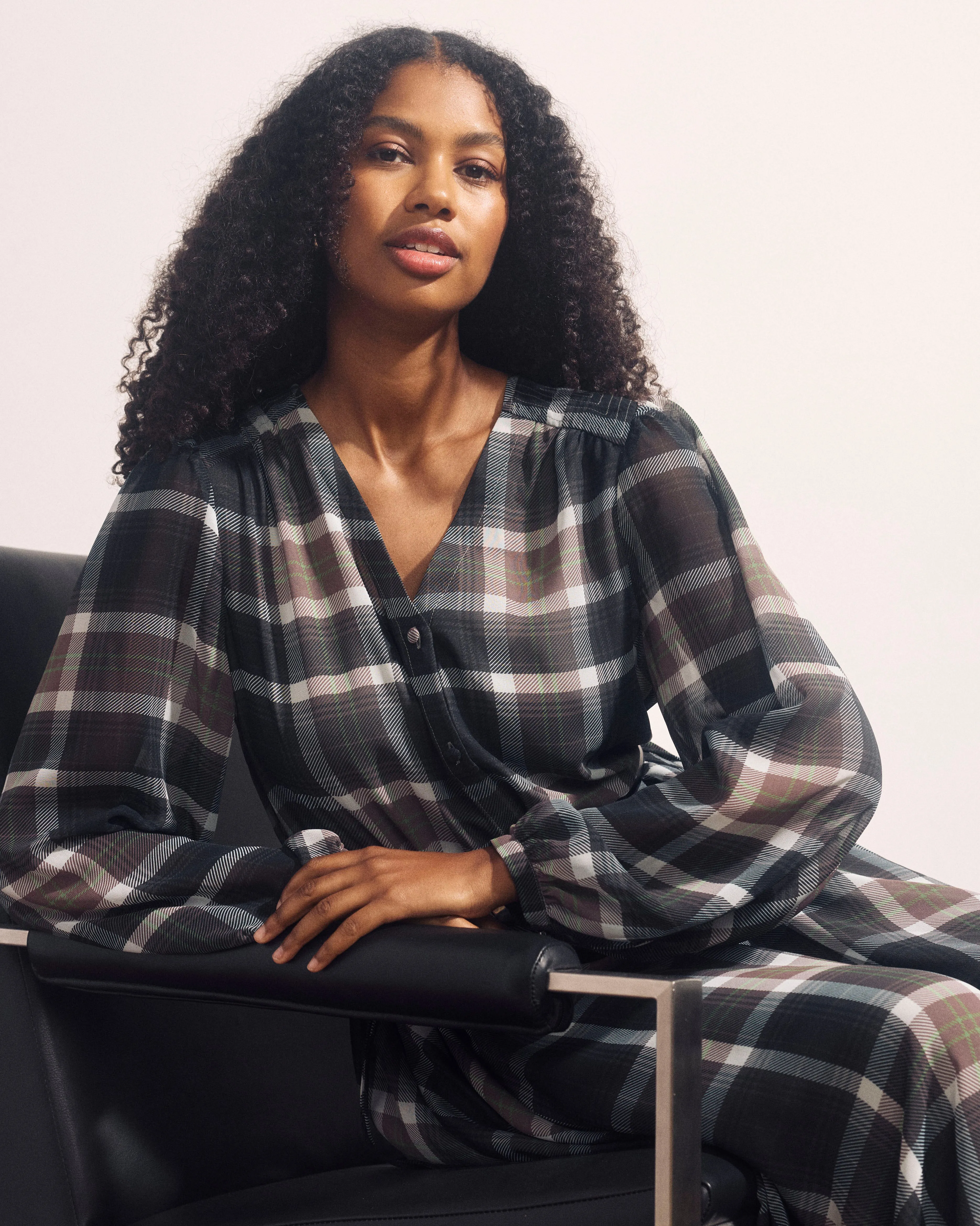 Karina V-Neck Chiffon Dress - Plaid Bourgeois Print sold by Universal Standard product image thumbnail 4