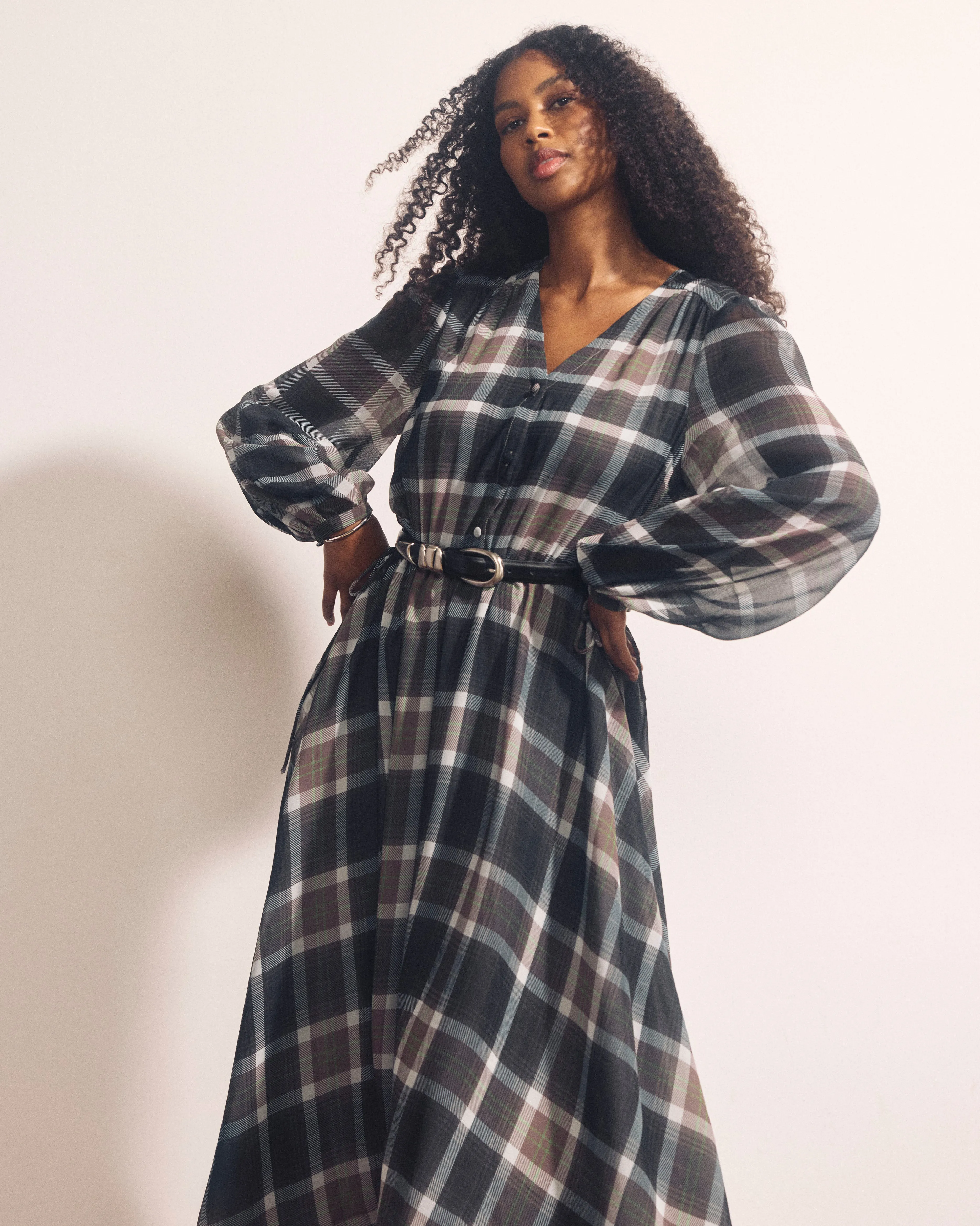 Karina V-Neck Chiffon Dress - Plaid Bourgeois Print sold by Universal Standard product image thumbnail 2