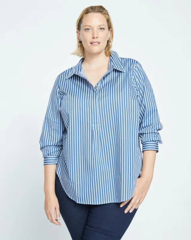 Elbe Popover Stretch Poplin Shirt Classic Fit - Bleu Scolaire/White Stripe sold by Universal Standard