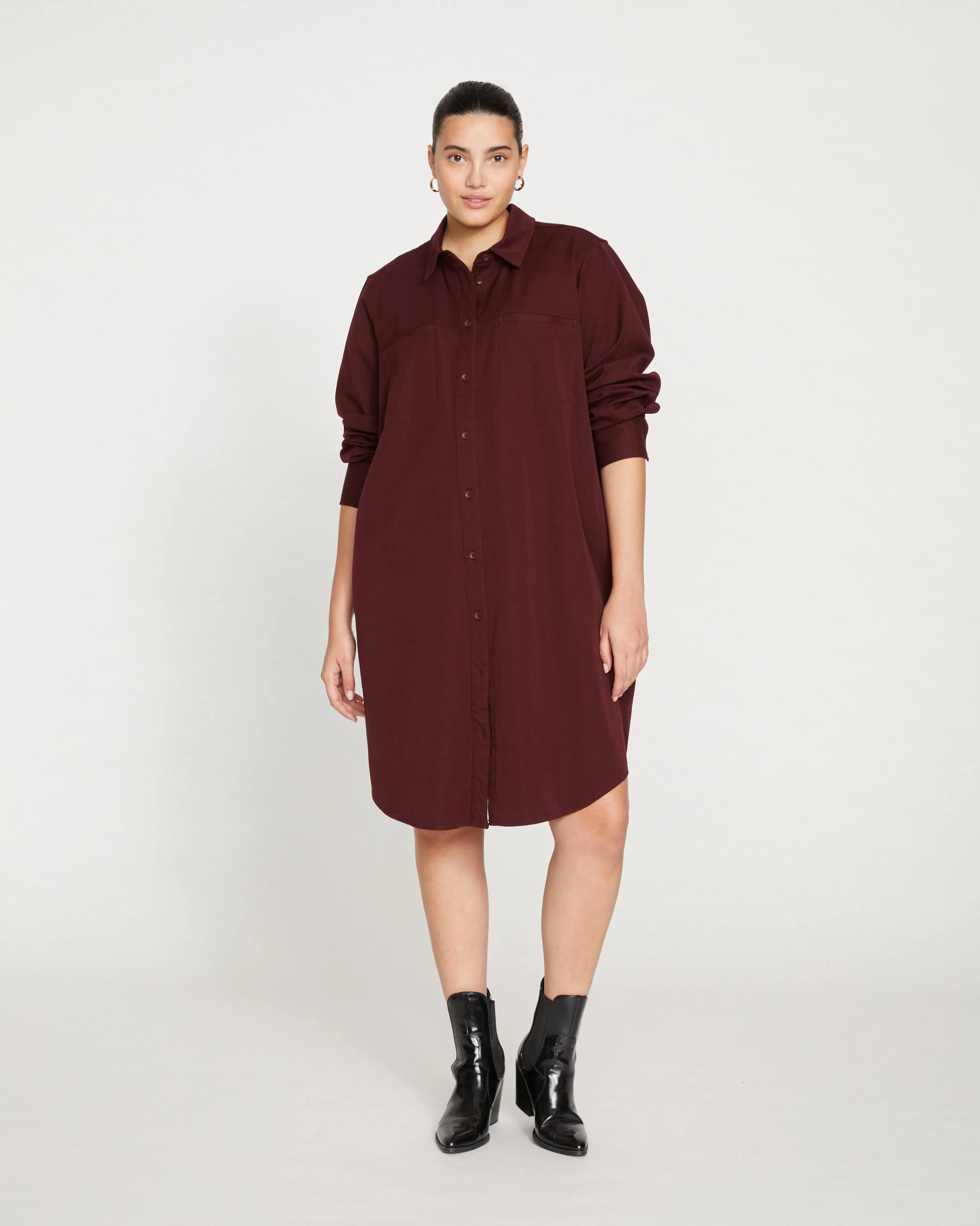 Carefree Stretch Twill Shirtdress - Black Cherry sold by Universal Standard