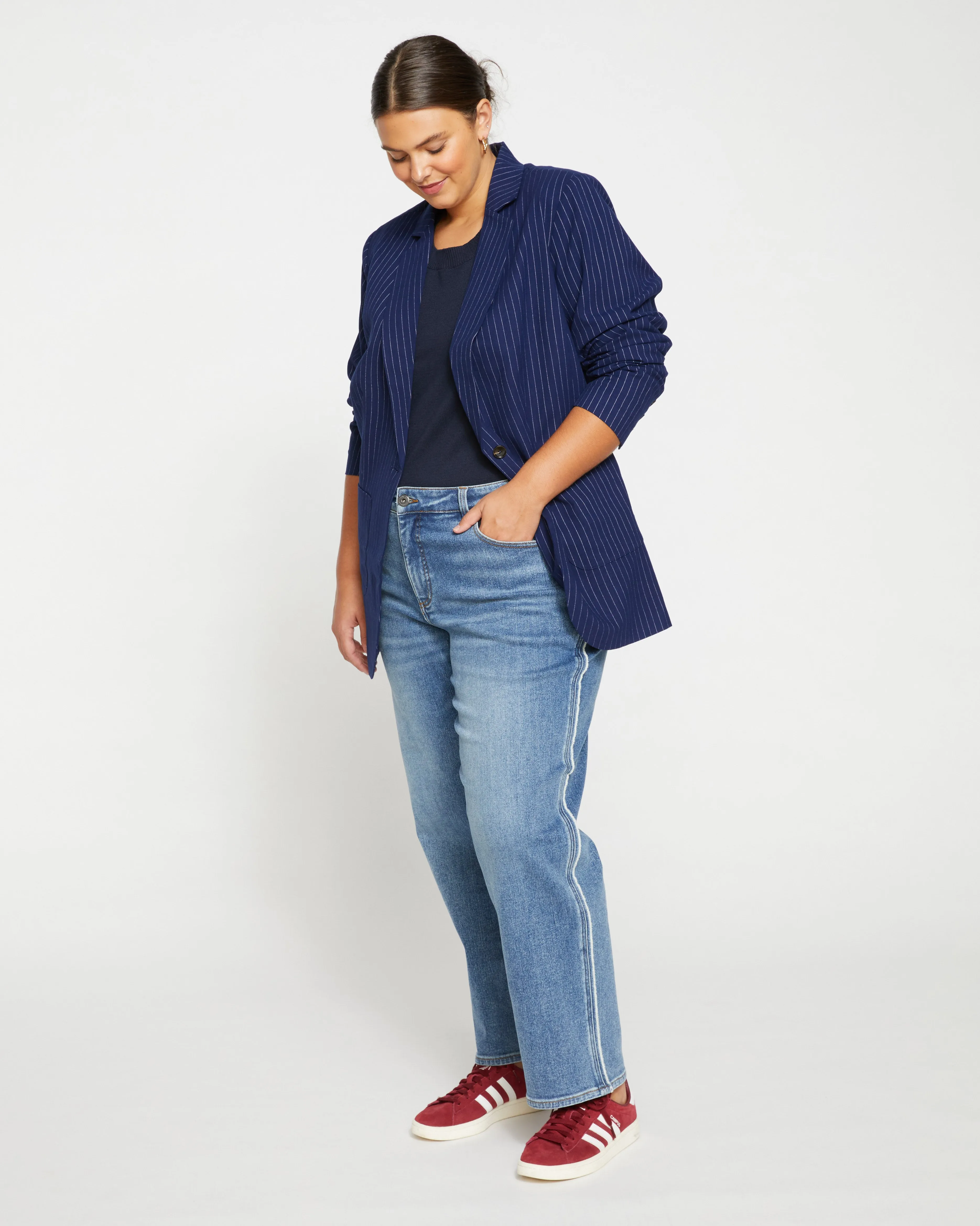 Elliot Mid Rise Tuxedo Stripe Jeans - Montana Blue sold by Universal Standard