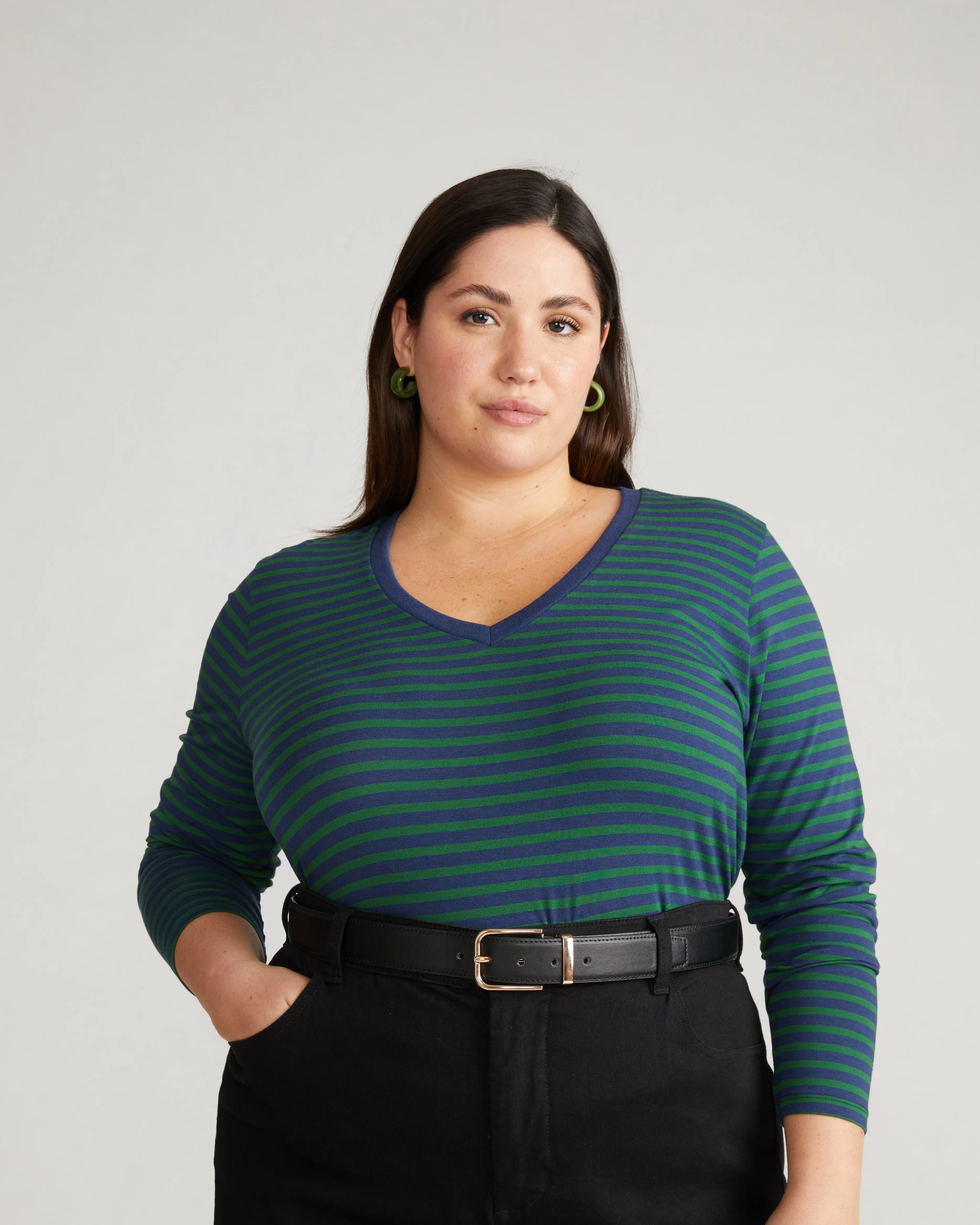 Long Sleeve V Rex - Cenote/Jardin Stripe sold by Universal Standard