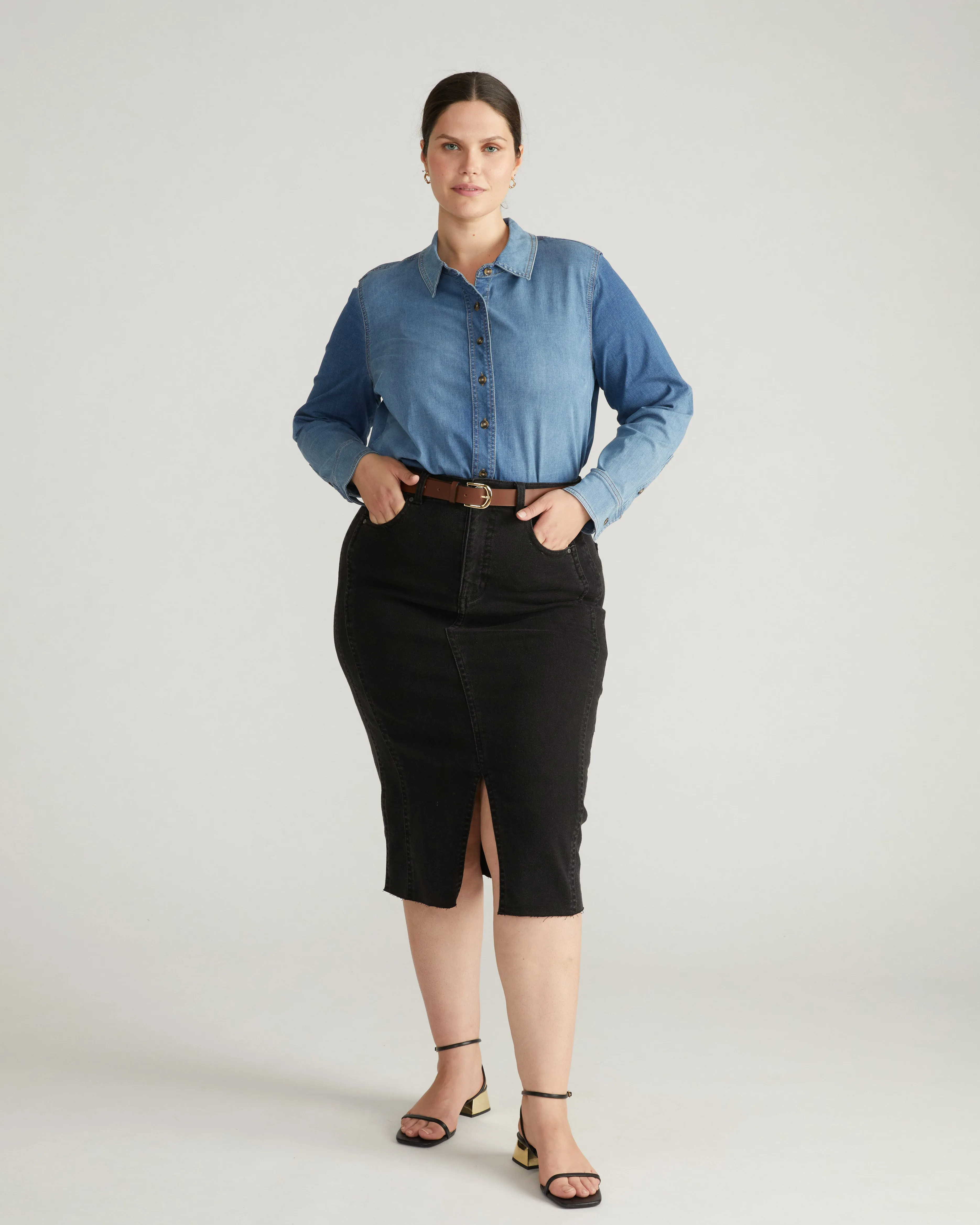 Minimalist Stretch Cotton Chambray Shirt - Vintage Indigo sold by Universal Standard