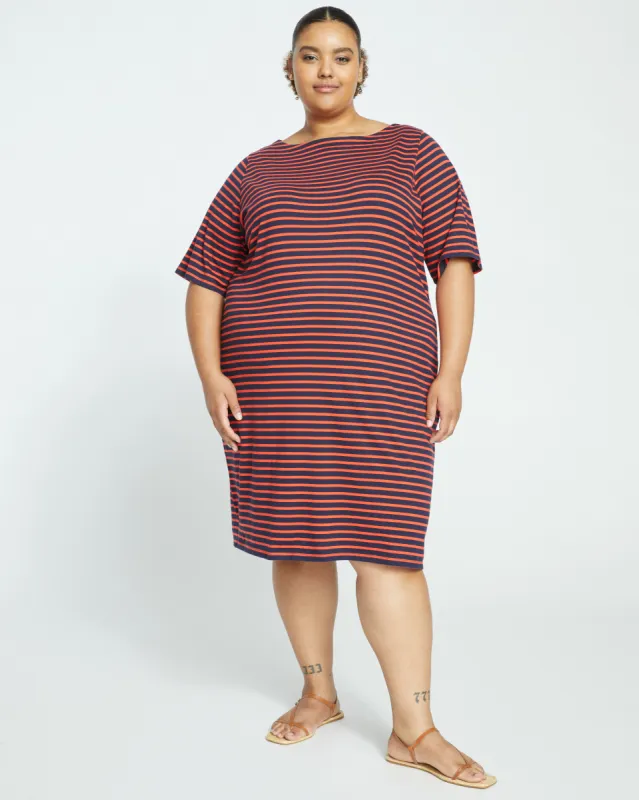 Belle Breton-Stripe Compact Jersey Dress - Navy/Red Stripe sold by Universal Standard