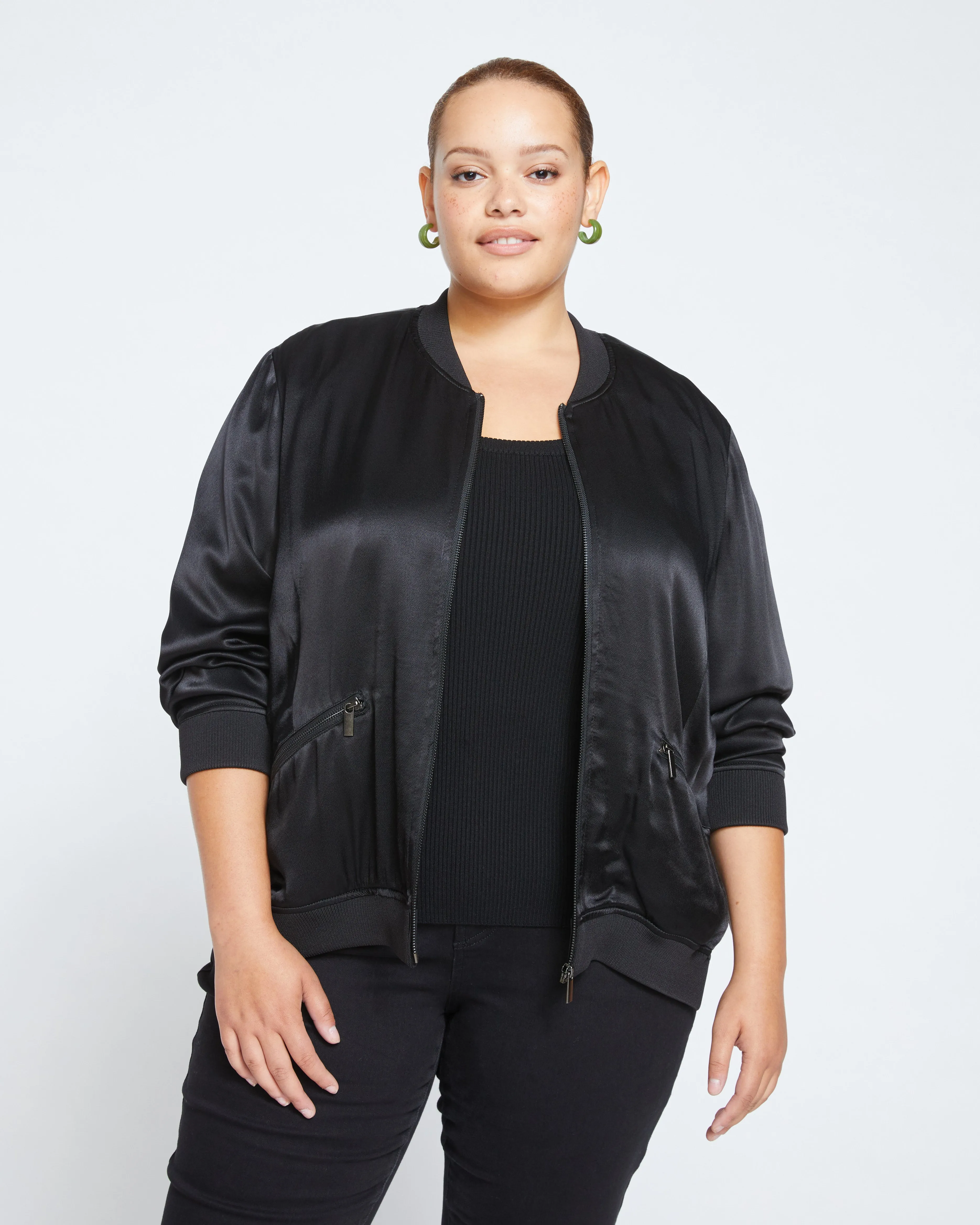 Satin Bomber Jacket - Black sold by Universal Standard