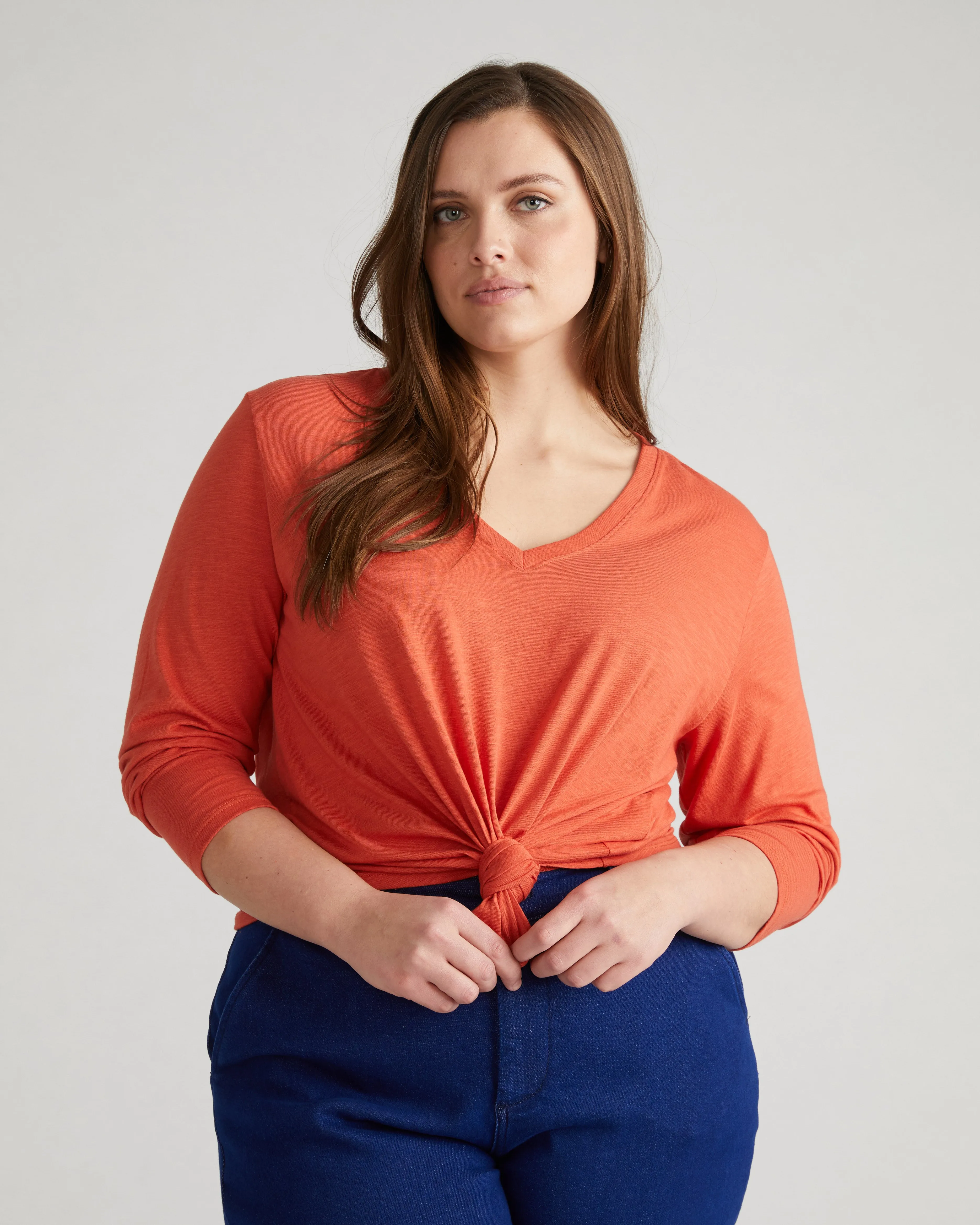 Light-As-Air Long Sleeve V Neck Tee - Aperol sold by Universal Standard