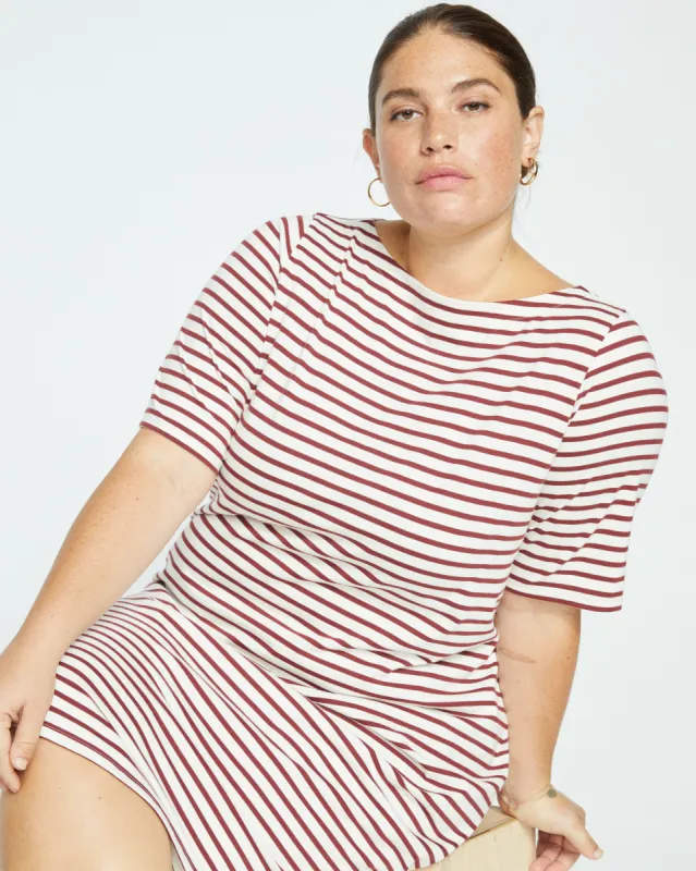 Belle Breton-Stripe Compact Jersey Dress - Ecru/Burgundy Stripe sold by Universal Standard