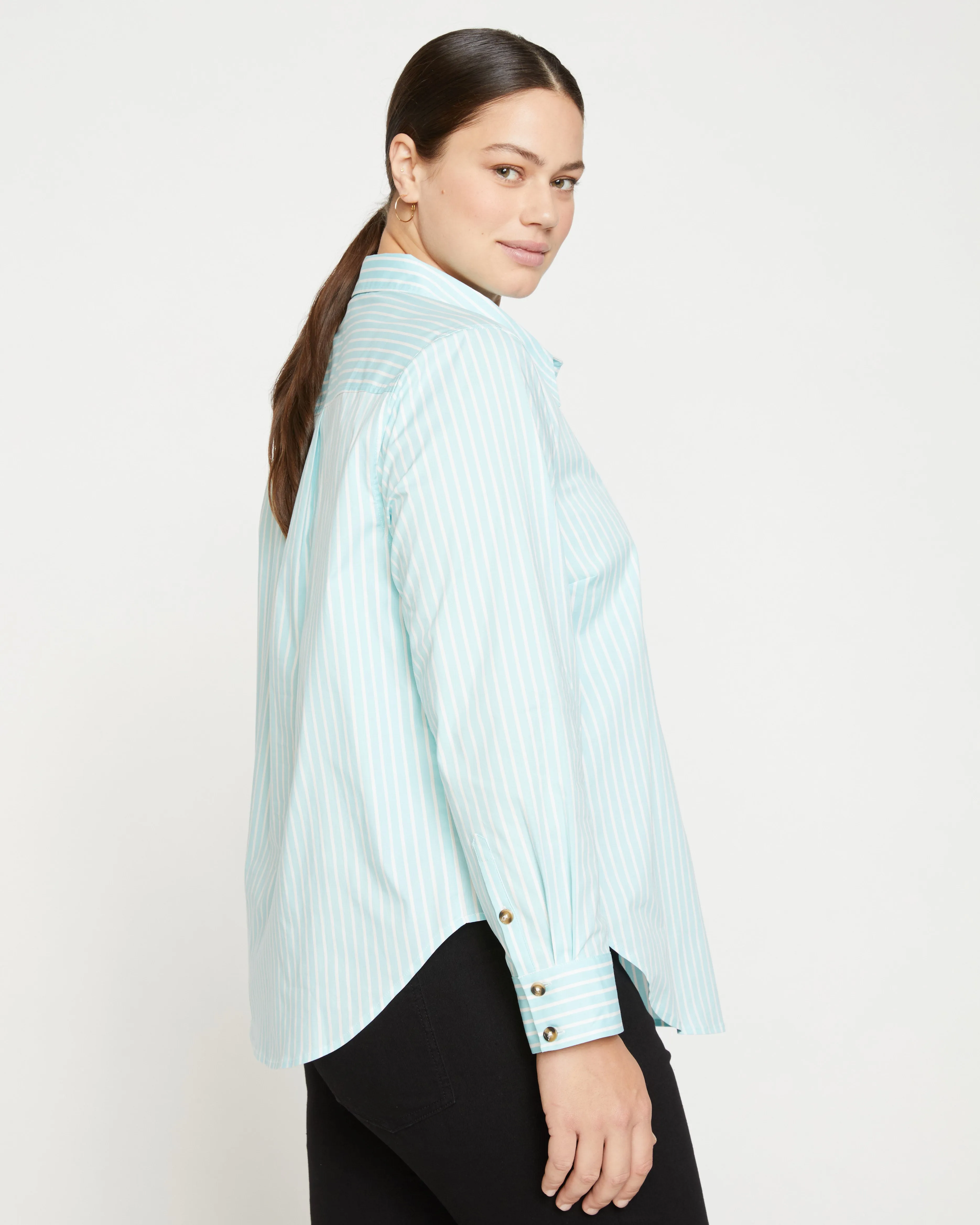 Elbe Popover Stretch Poplin Shirt Classic Fit - Aqua/White Stripe sold by Universal Standard product image thumbnail 3