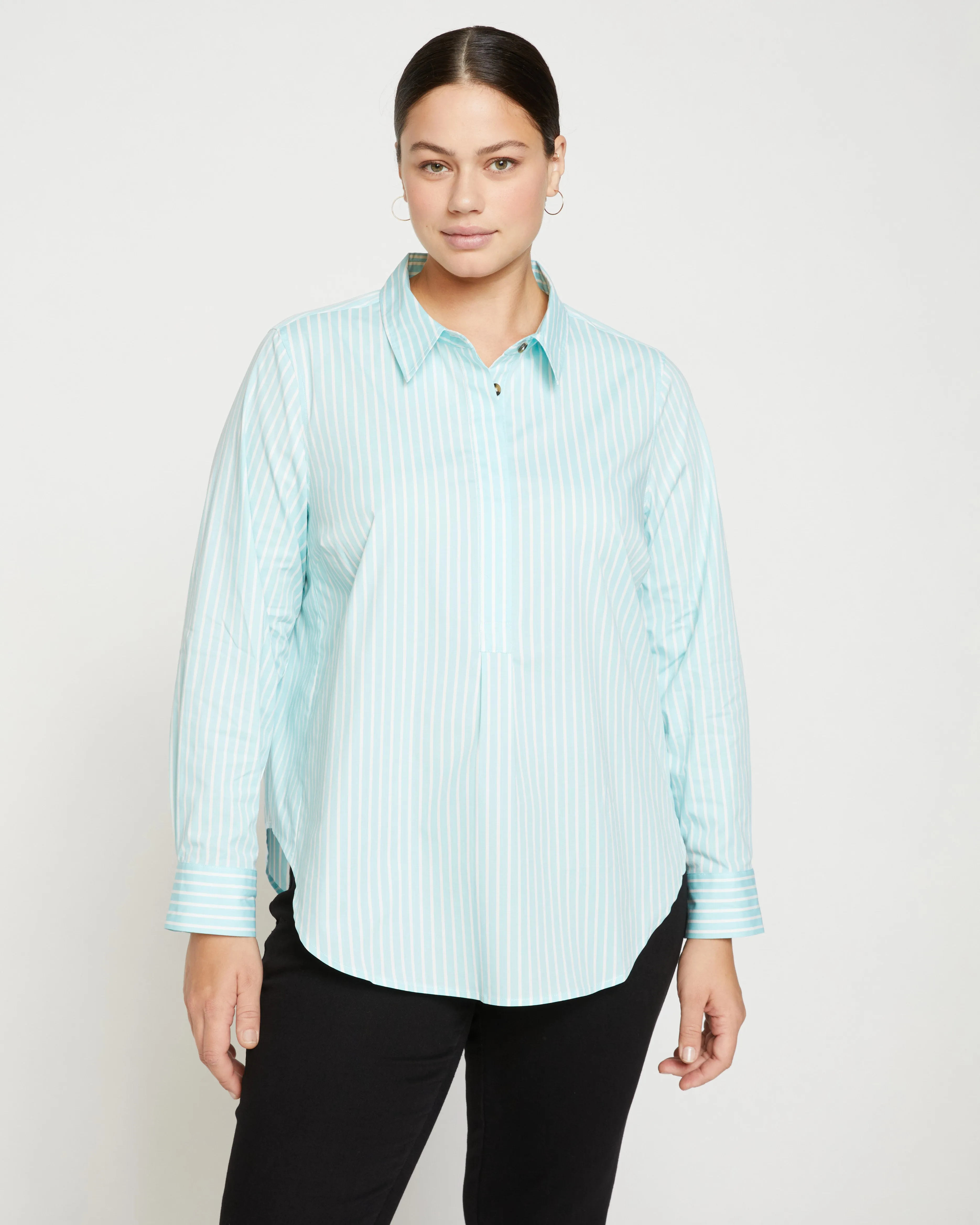 Elbe Popover Stretch Poplin Shirt Classic Fit - Aqua/White Stripe sold by Universal Standard product image thumbnail 2