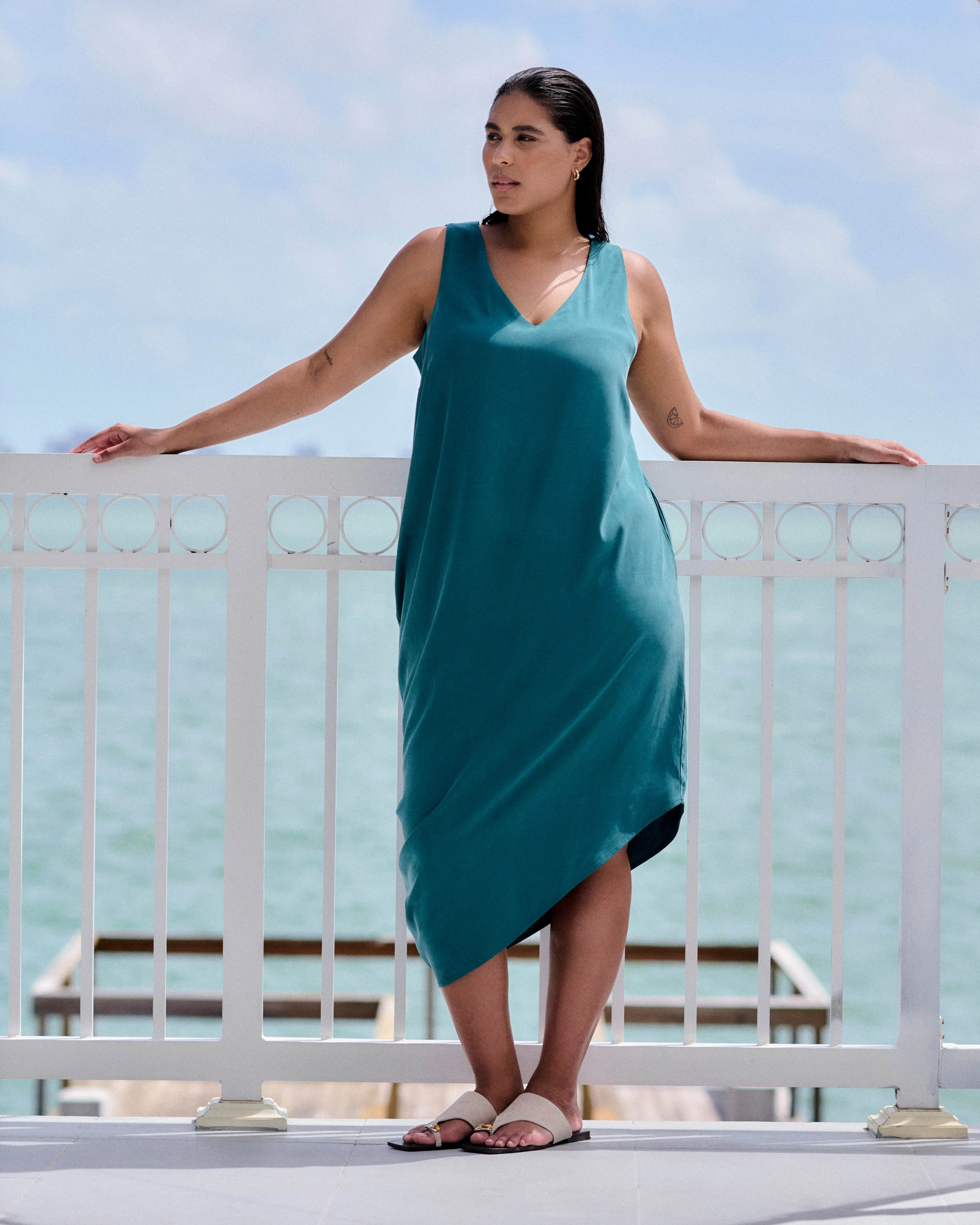 Iconic Cooling Cupro Geneva V Tank Dress - Ocean Floor sold by Universal Standard