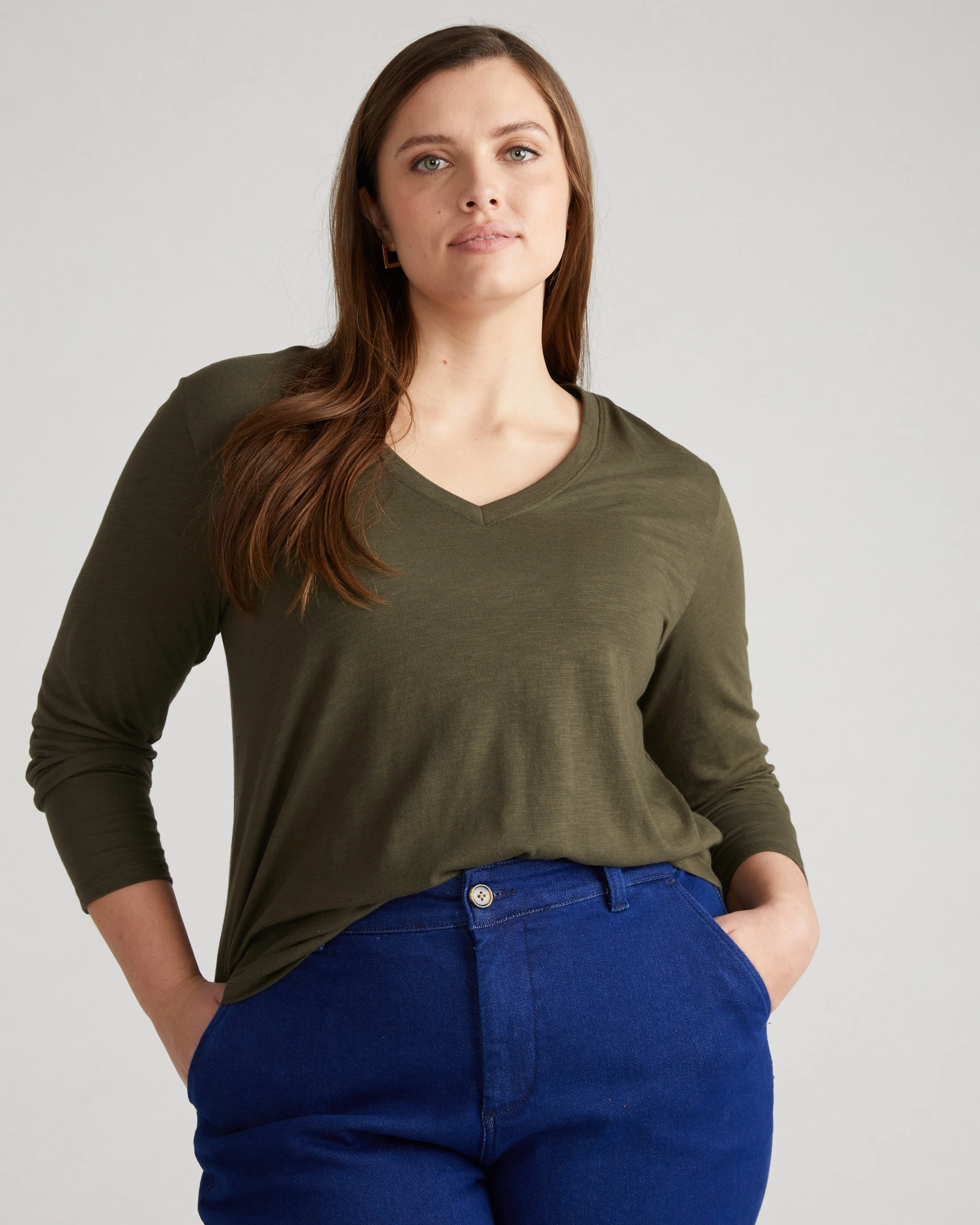 Light-As-Air Long Sleeve V Neck Tee - Nori sold by Universal Standard