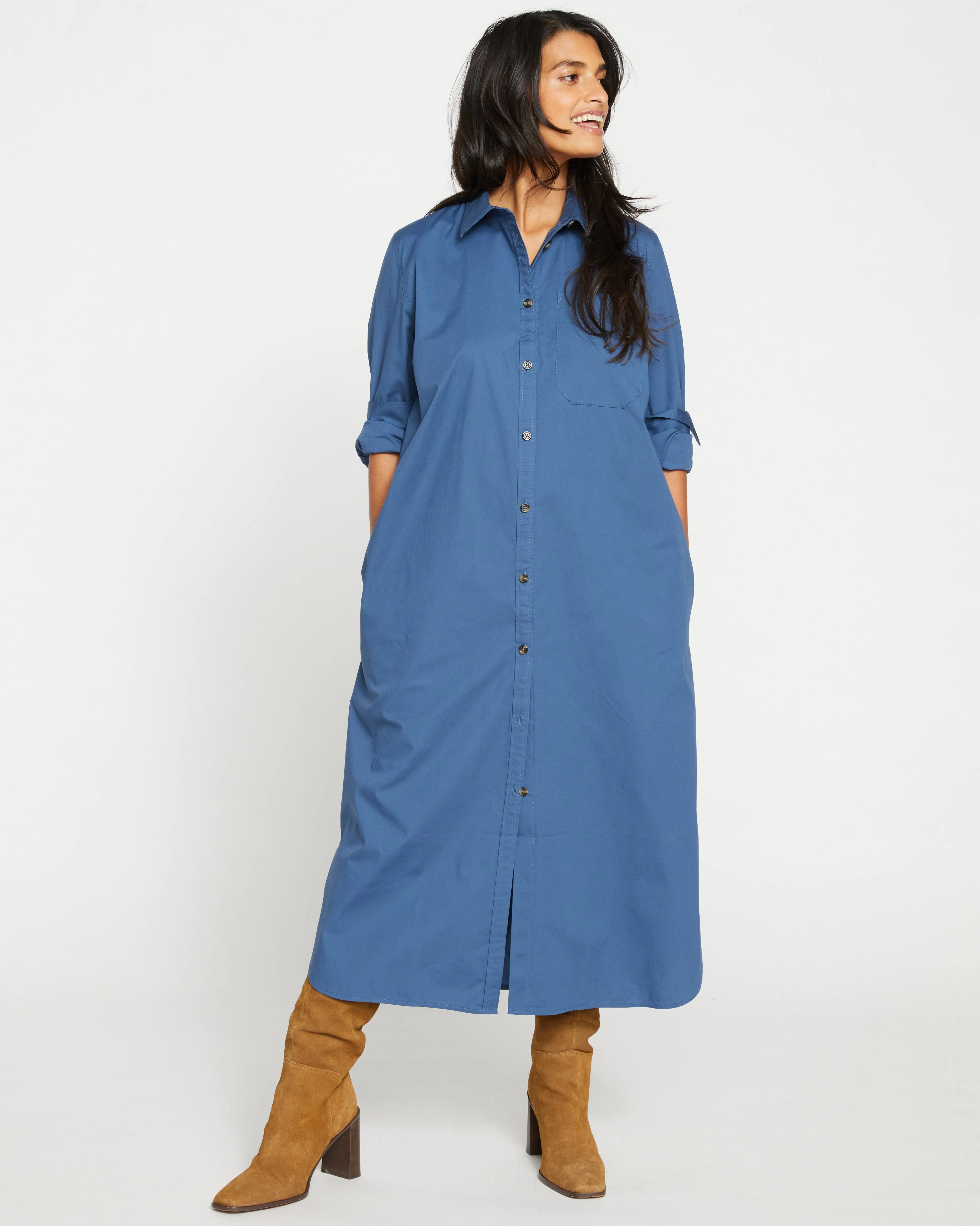 Odeon Stretch Poplin Shirtdress - Bleu Scolaire sold by Universal Standard