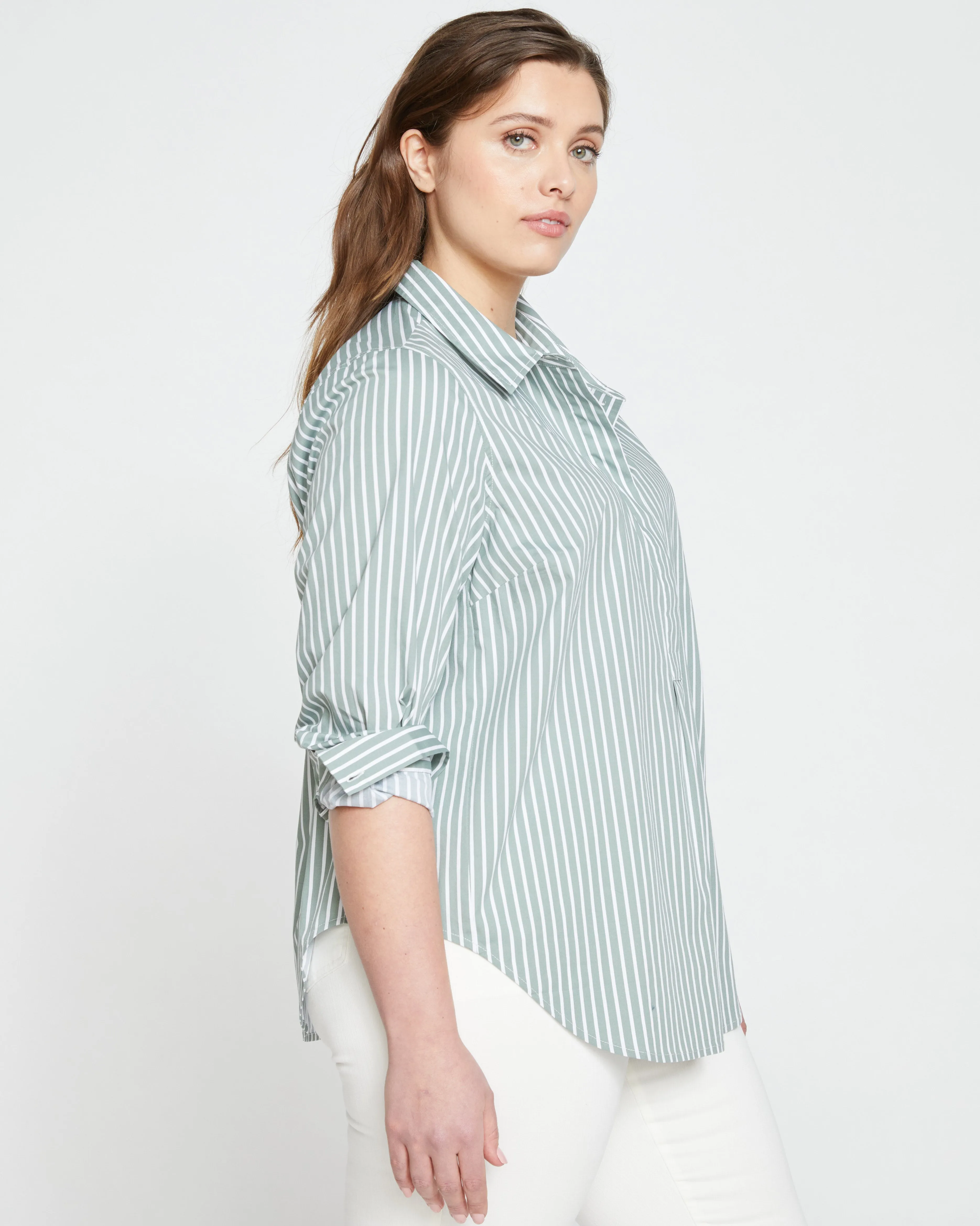 Elbe Popover Stretch Poplin Shirt Classic Fit - Sage/White sold by Universal Standard product image thumbnail 3