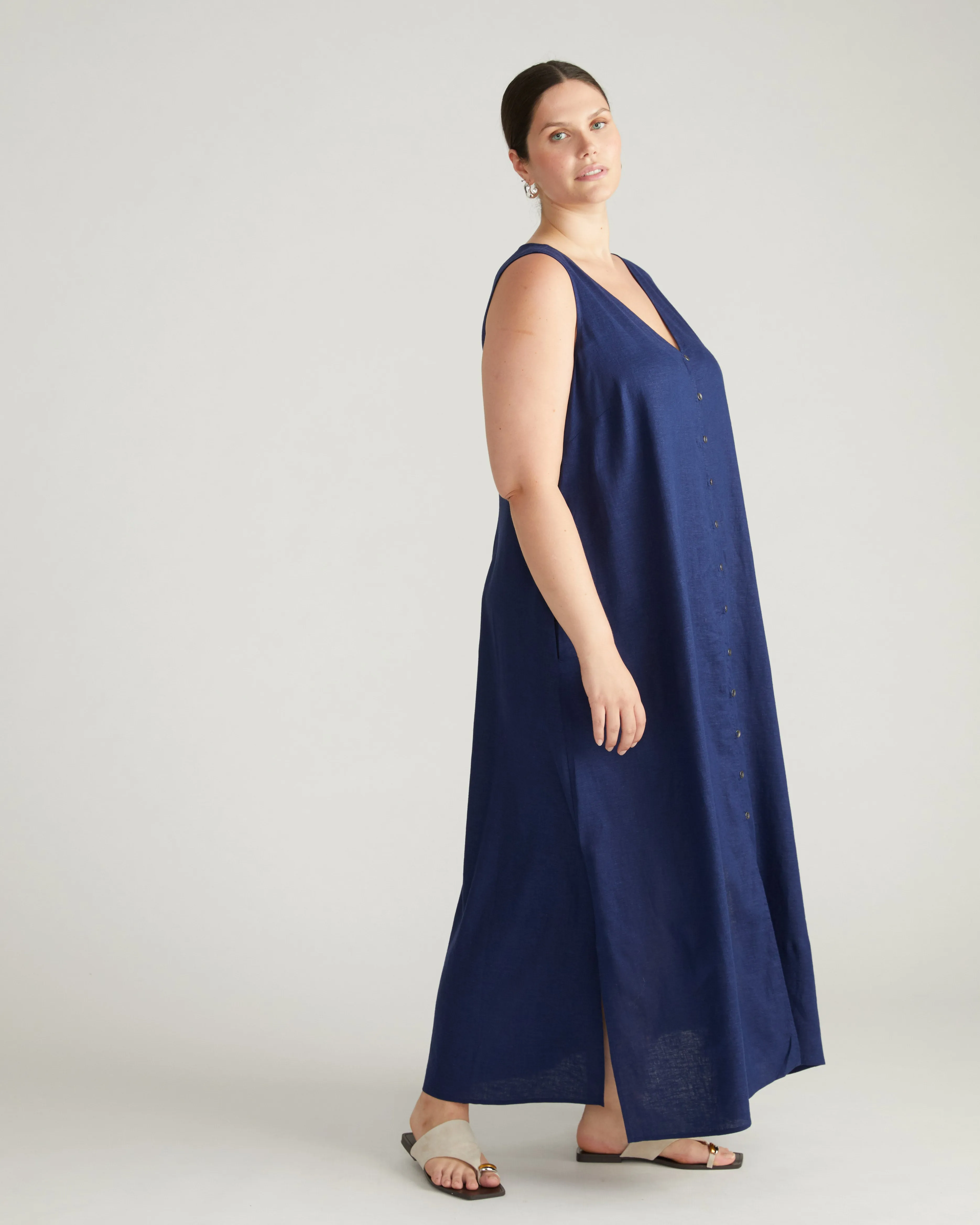 Islet Button-Down Linen Maxi Dress - Cenote sold by Universal Standard