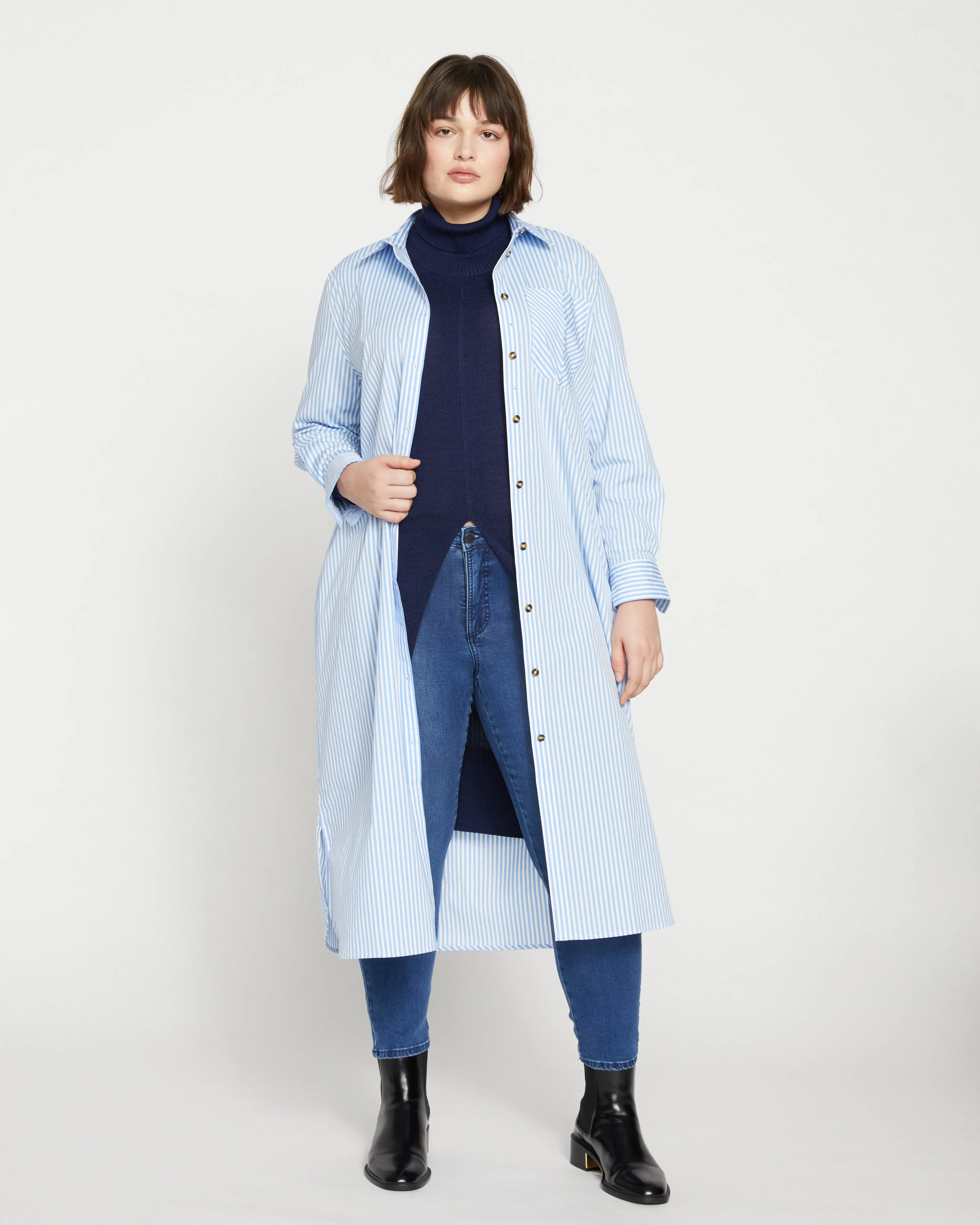 Odeon Stretch Poplin Shirtdress - Blue/White Stripe sold by Universal Standard