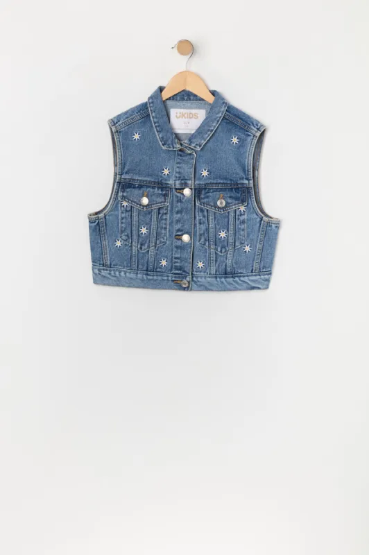 Veste en denim avec motif brodé Marguerite pour fille made by Urban Planet