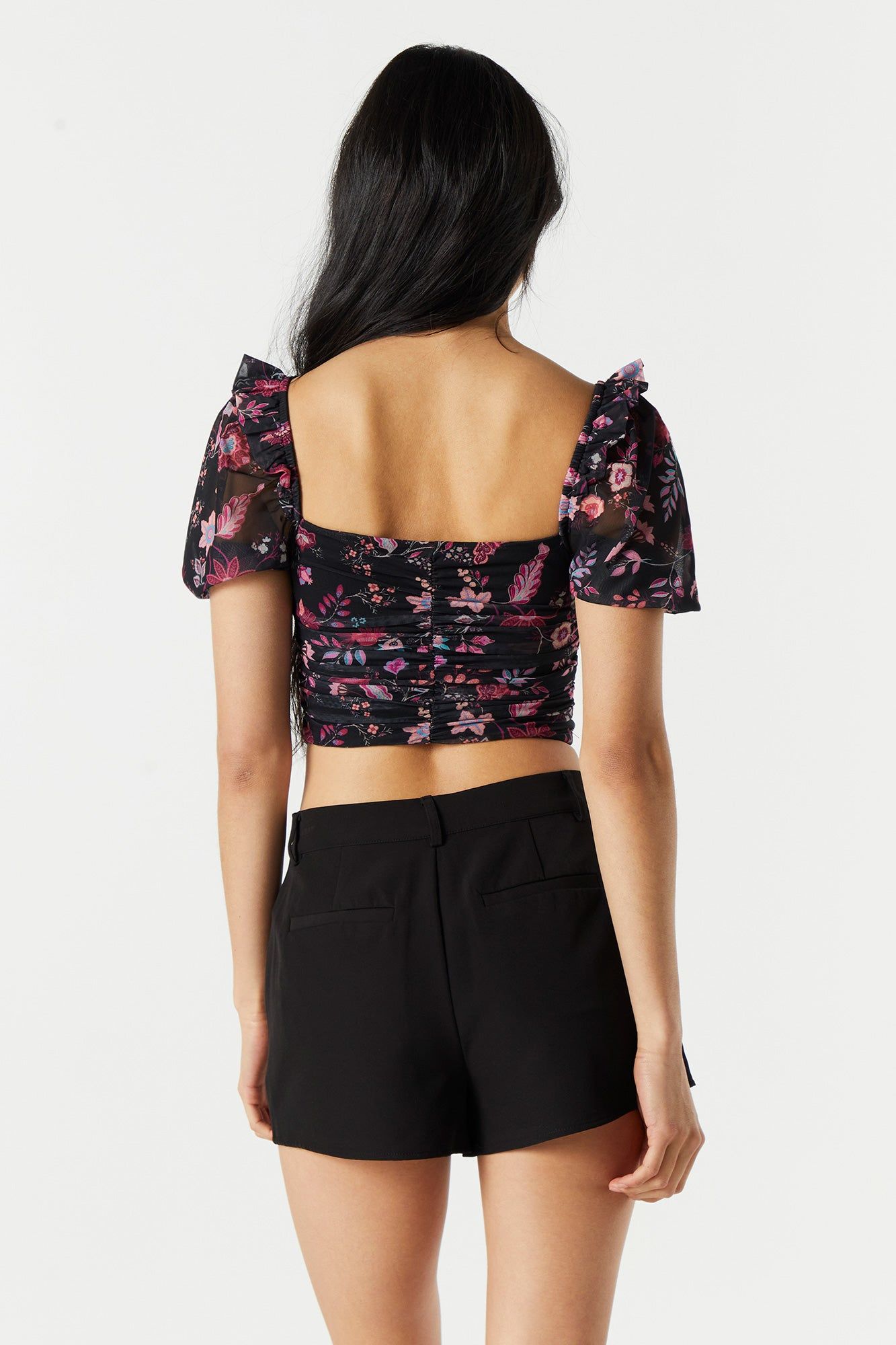 Black Floral Mesh Ruffle Crop Top sold by Urban Planet product image thumbnail 2